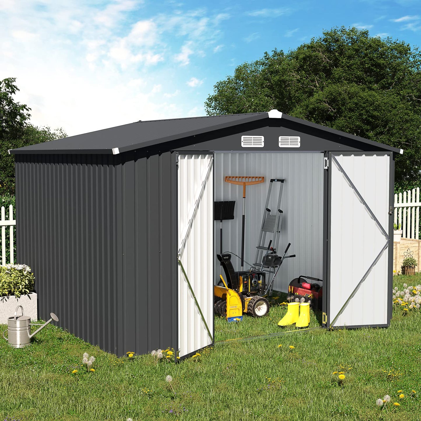 OC Orange-Casual 10 x 8 FT Outdoor Storage Shed, Metal Garden Tool Shed, Outside Sheds & Outdoor Storage Galvanized Steel w/Lockable Door for Backyard, Patio, Lawn, Black 10' x 8'