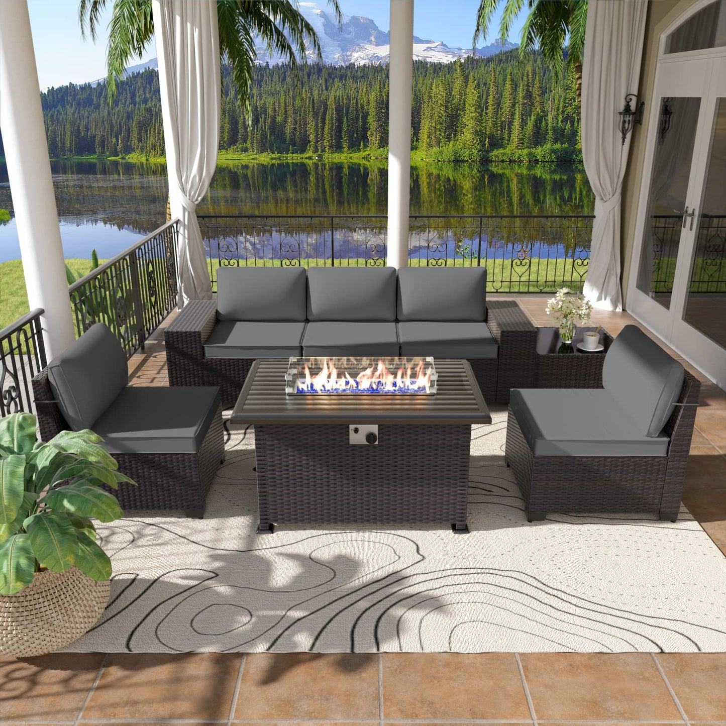 ALAULM 7 Pieces Patio Furniture Sectional Sofa with Fire Pit Table, Outdoor Patio Furniture Sets 43" Propane - Grey