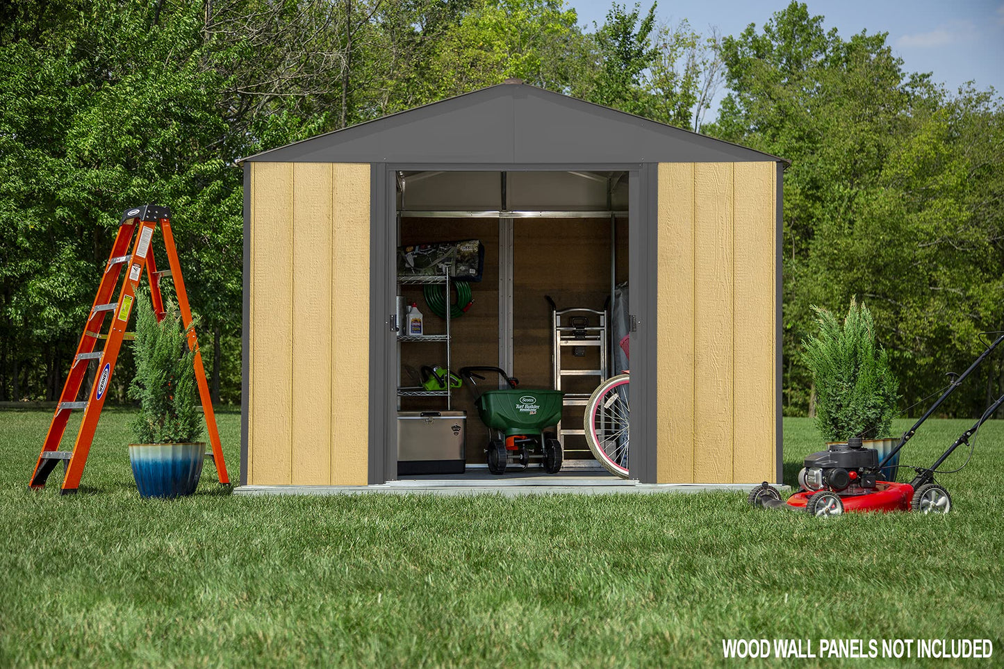 Arrow 10' x 12' Ironwood Galvanized Steel and Wood Panel Hybrid Outdoor Shed Kit, Anthracite 10' x 12'