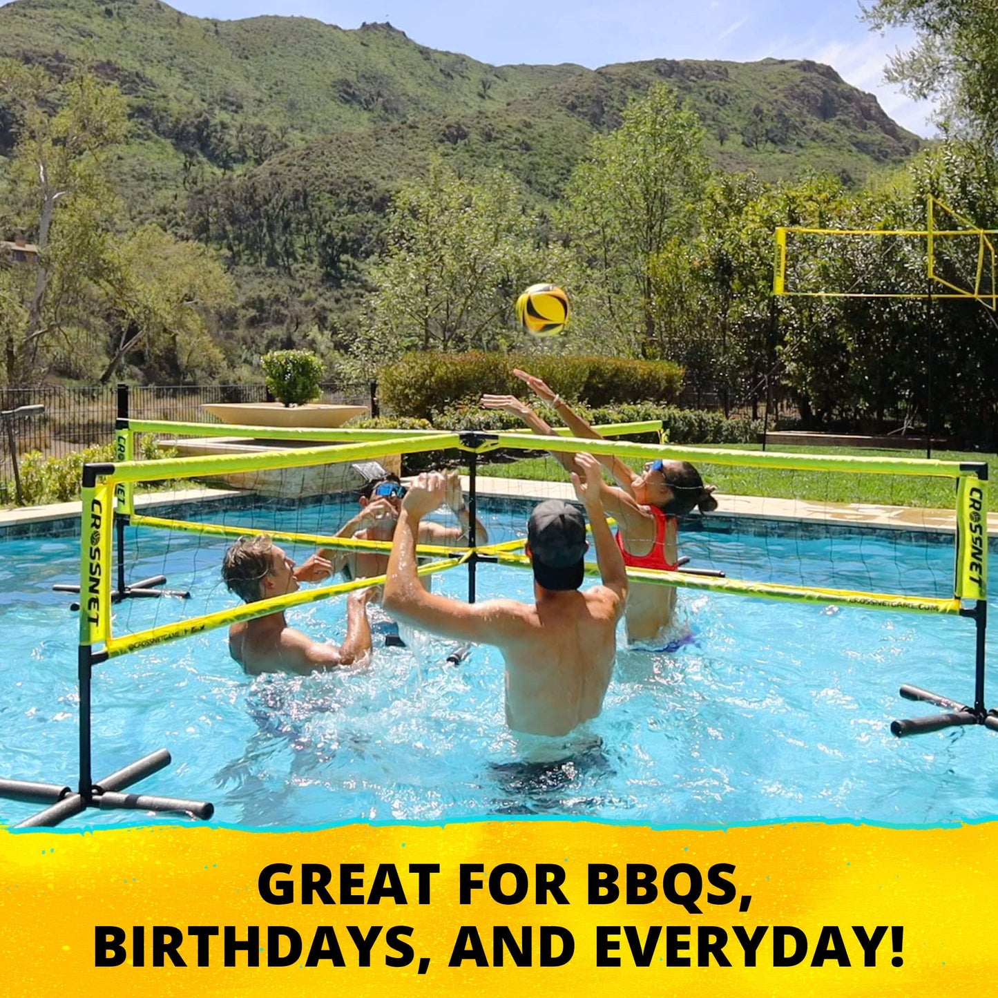 CROSSNET H2O Volleyball Pool Game for Adults and Family - Four Square Net Pool Game - Quick Assemble & Portable - Pool Volleyball Set for Inground Pools - Perfect Pool Toys for All Ages W/Accessories