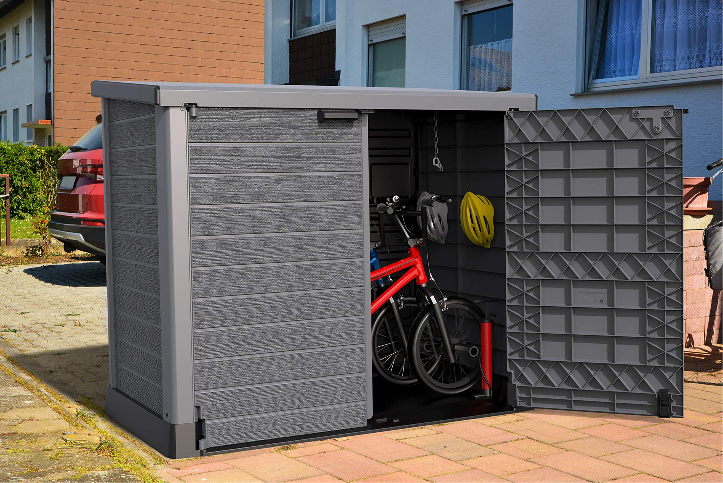 Duramax Cedargrain StoreAway Abri de Jardin en Plastique 1200 L/Couvercle Plat – Abri de Rangement extérieur pour vélo – Construction Durable et Solide – Idéal pour Outils, vélos, BBQ et 2 Poubelles de 240 L, 145 x 85 x 125 cm, Gris