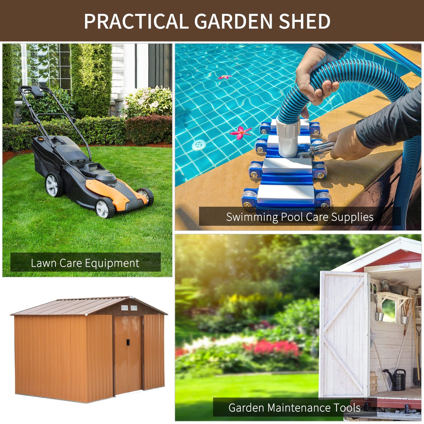 Outsunny 9' x 6' Metal Storage Shed Garden Tool House with Double Sliding Doors, 4 Air Vents for Backyard, Patio, Lawn Brown 9' x 6'
