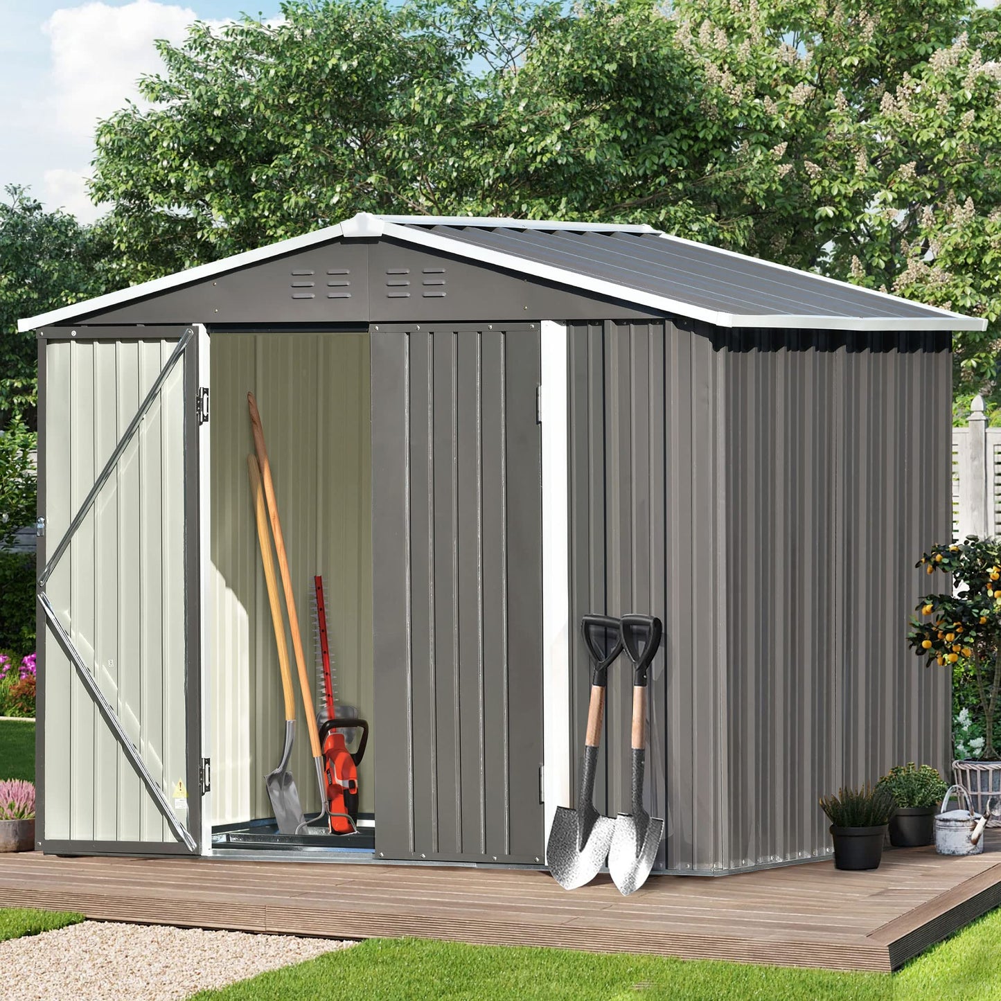 Kit d'abri de rangement extérieur pour terrasse 2,4 x 1,8 m, abri de jardin pour vélos, abri de rangement en métal avec portes verrouillables, armoire à outils avec aérations et cadre de fondation pour cour, pelouse, jardin, gris 2,4 x 1,8 m