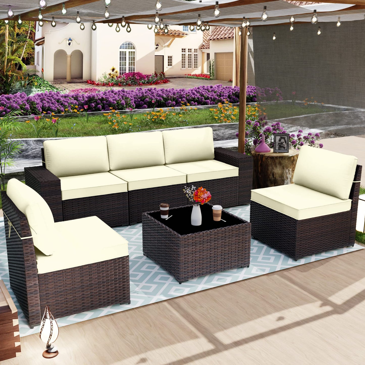 ALAULM Patio Furniture Sets 6 Pieces Patio Sectional Outdoor Furniture Patio Sofa Chairs Set - Cream