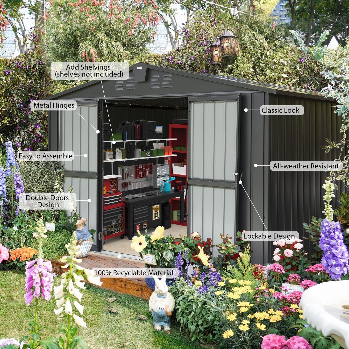 Domi Abri de rangement extérieur 10' x 8', abri de jardin en métal pour vélo, poubelle, outils, tondeuses à gazon, jouets de piscine, armoire de rangement extérieure en acier galvanisé avec porte verrouillable pour jardin, patio, pelouse… 10' x 8'