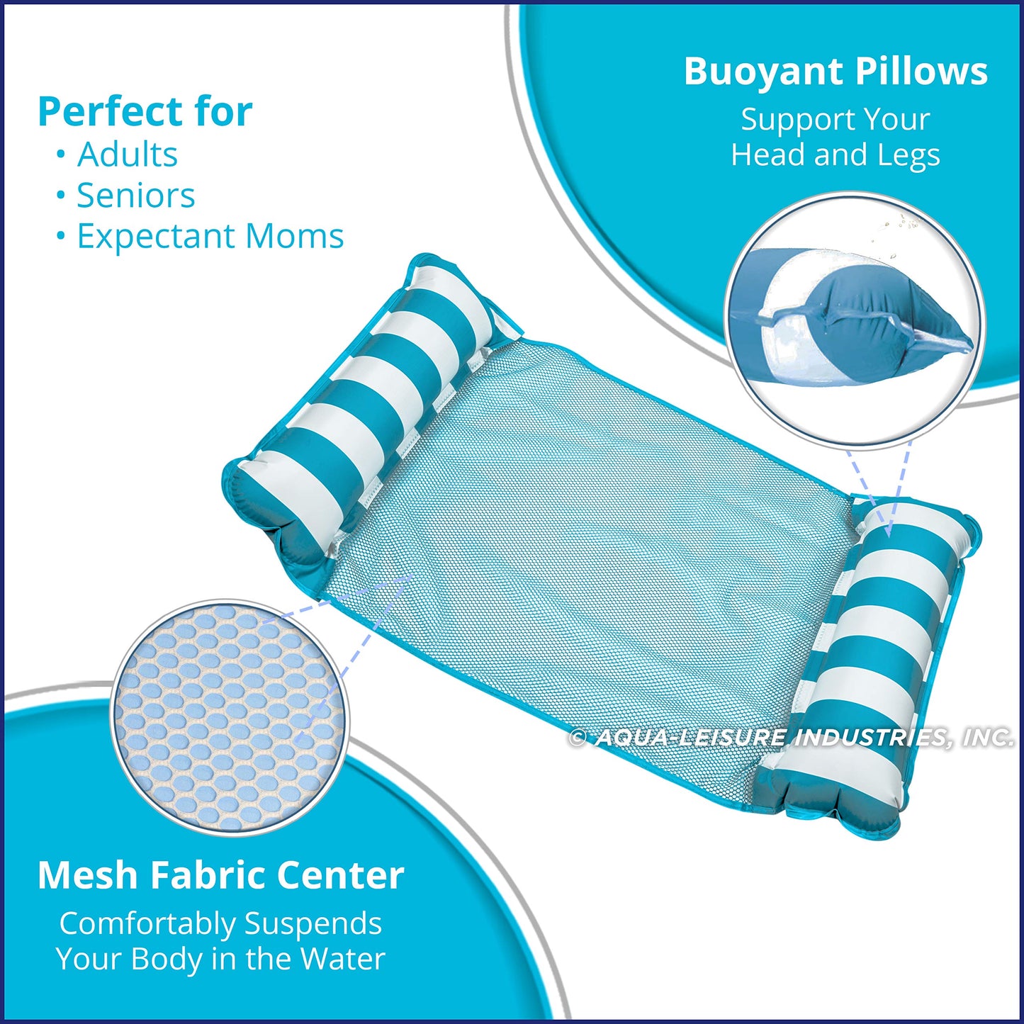 Aqua Original 4-in-1 Monterey Hammock Pool Float & Water Hammock – Multi-Purpose, Inflatable Pool Floats for Adults – Patented Thick, Non-Stick PVC Material Light BLUE – Hammock