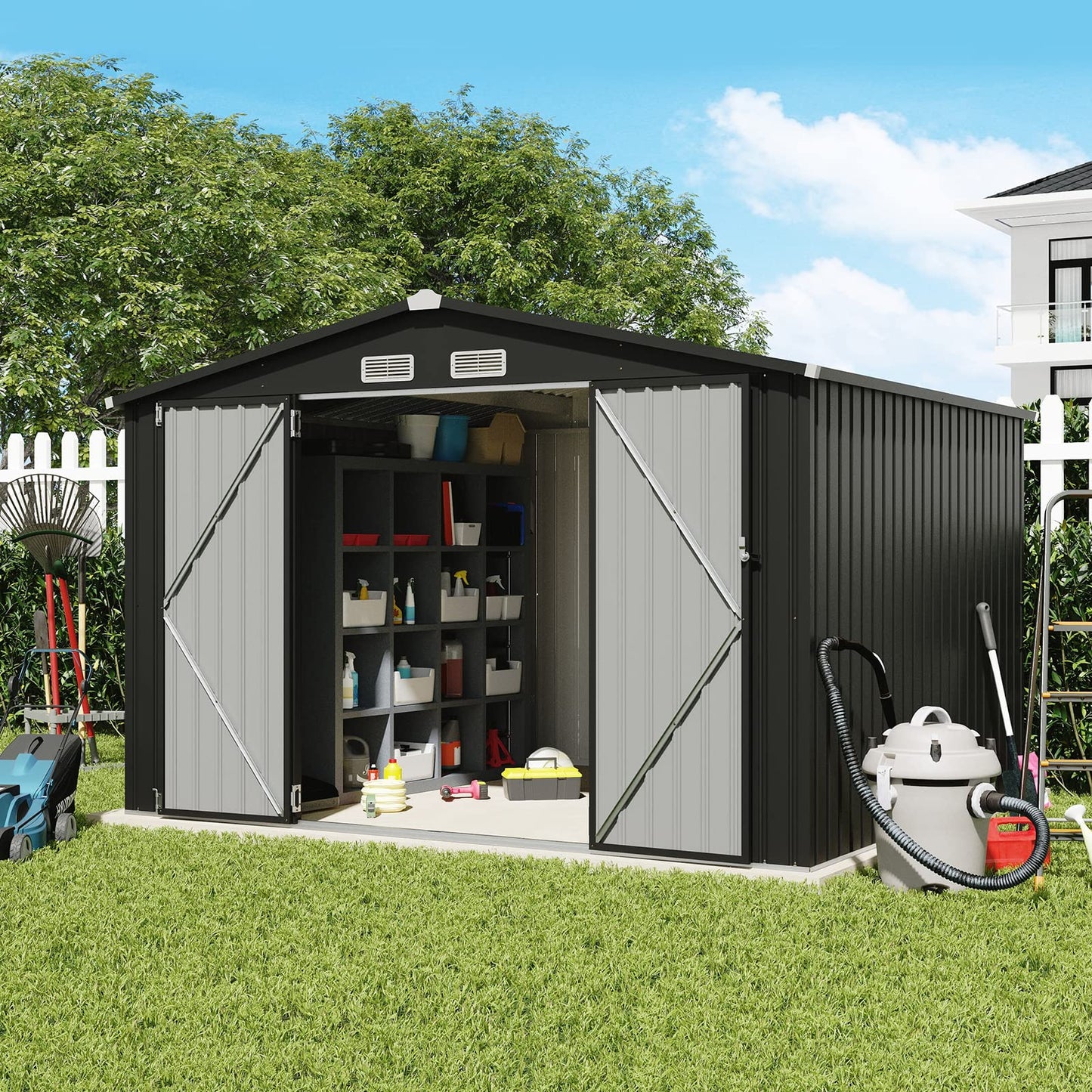 Verano Garden Abri de rangement extérieur de 2,4 x 3 m, grand abri de jardin en acier galvanisé, double porte avec serrure, maison de rangement extérieur pour jardin, patio, pelouse 2,4 x 3 m, noir