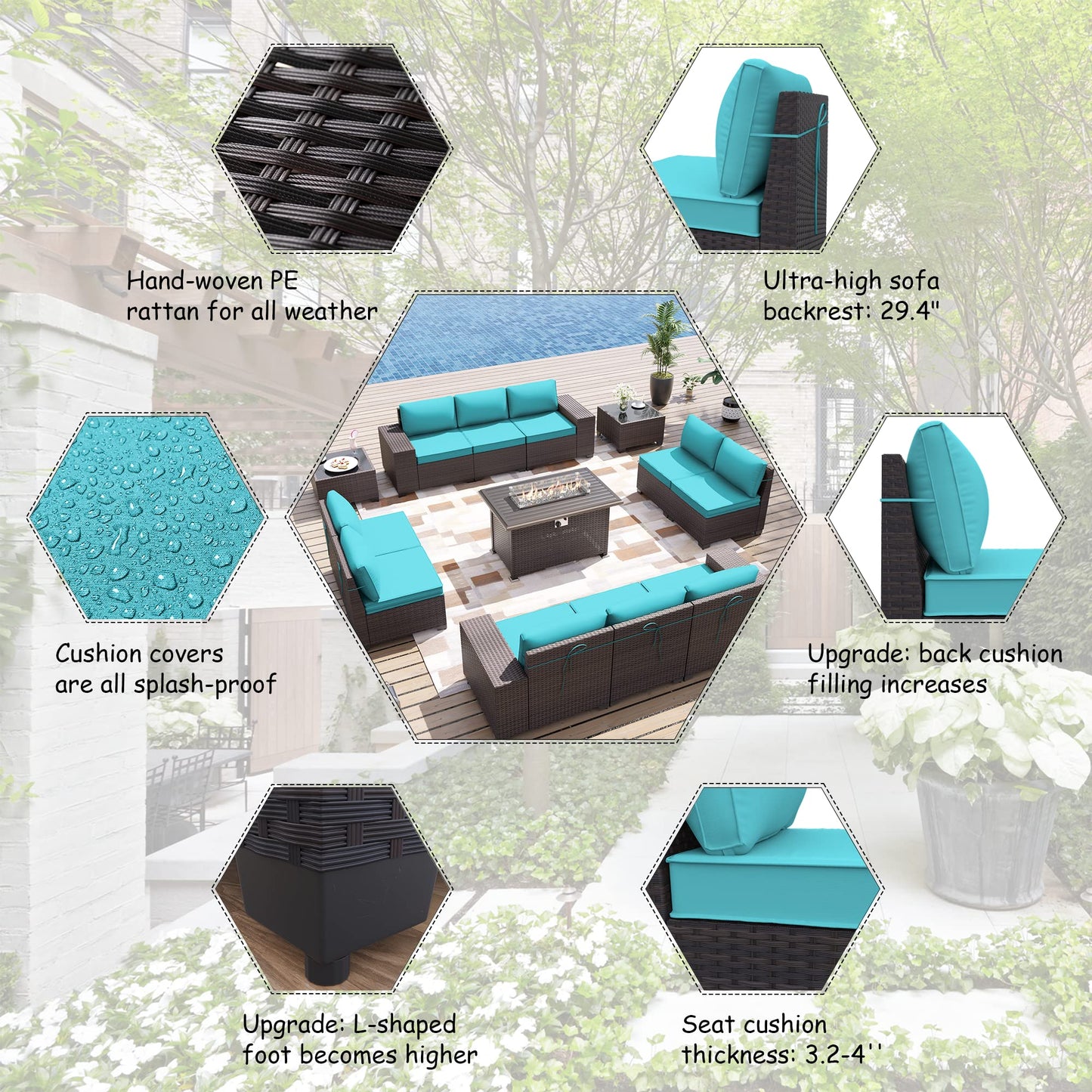 ALAULM 13 Pieces Outdoor Patio Furniture Set with Propane Fire Pit Table Outdoor Sectional Sofa Sets