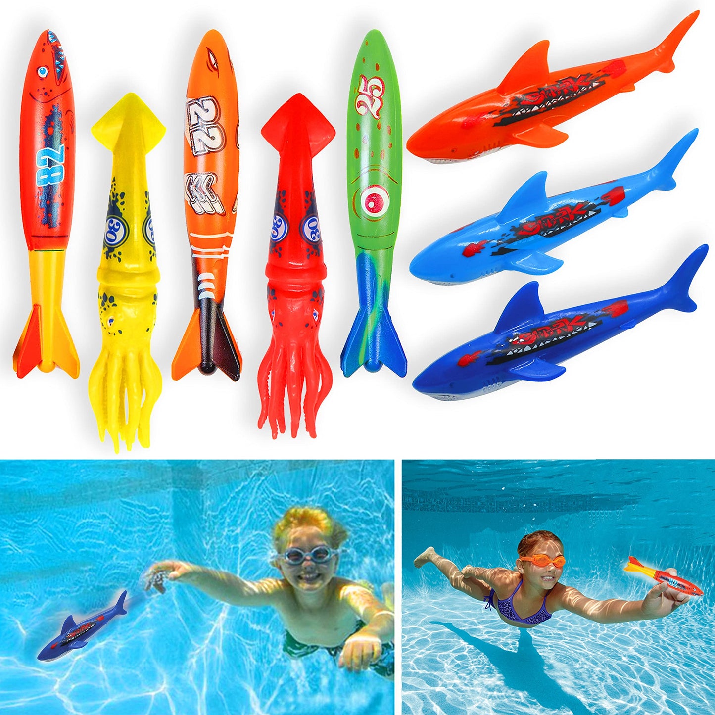 Pool Diving Toy Set for Kids, Practice Diving and Swimming, Underwater Sinking Torpedos, Sharks and Squids Multicolor Assorted