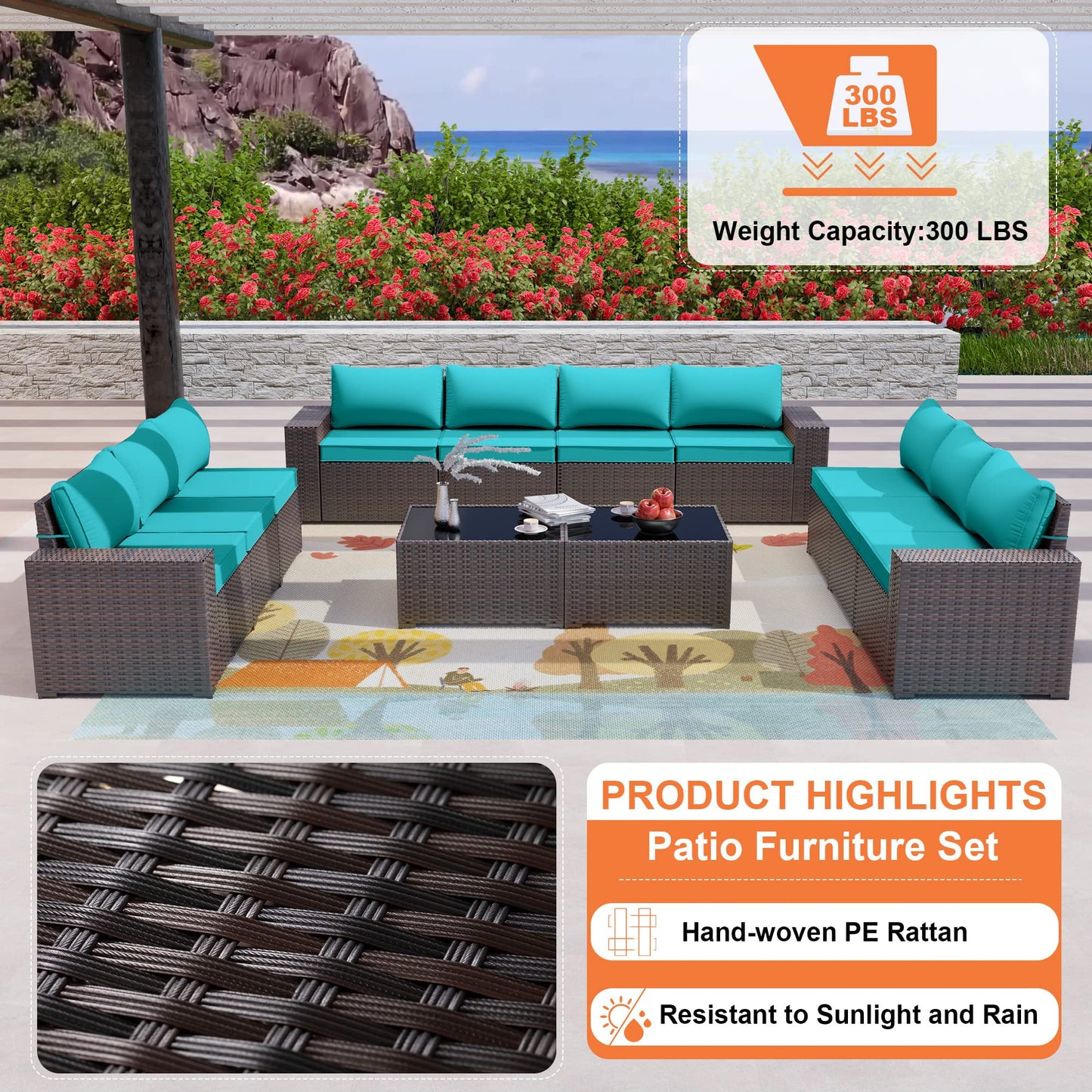 ALAULM 12 Pieces High-back Sectional Sofa Sets Outdoor Patio Furniture - Blue