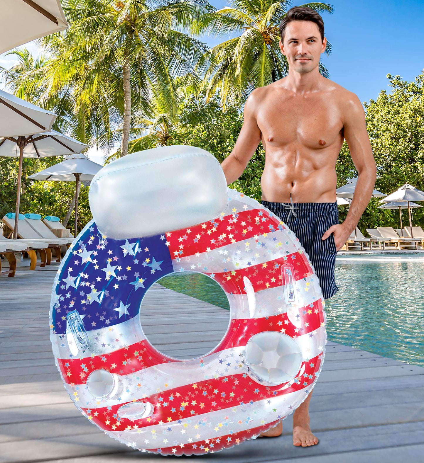POZA Inflatable USA Pool Float - Luxurious Fun Lounger Filled with Sparkle Silver Stars Confetti, Cool USA Flag Design Water Swimming Pool Floaties for Beach, Lake & Pool USA Luxury Tube