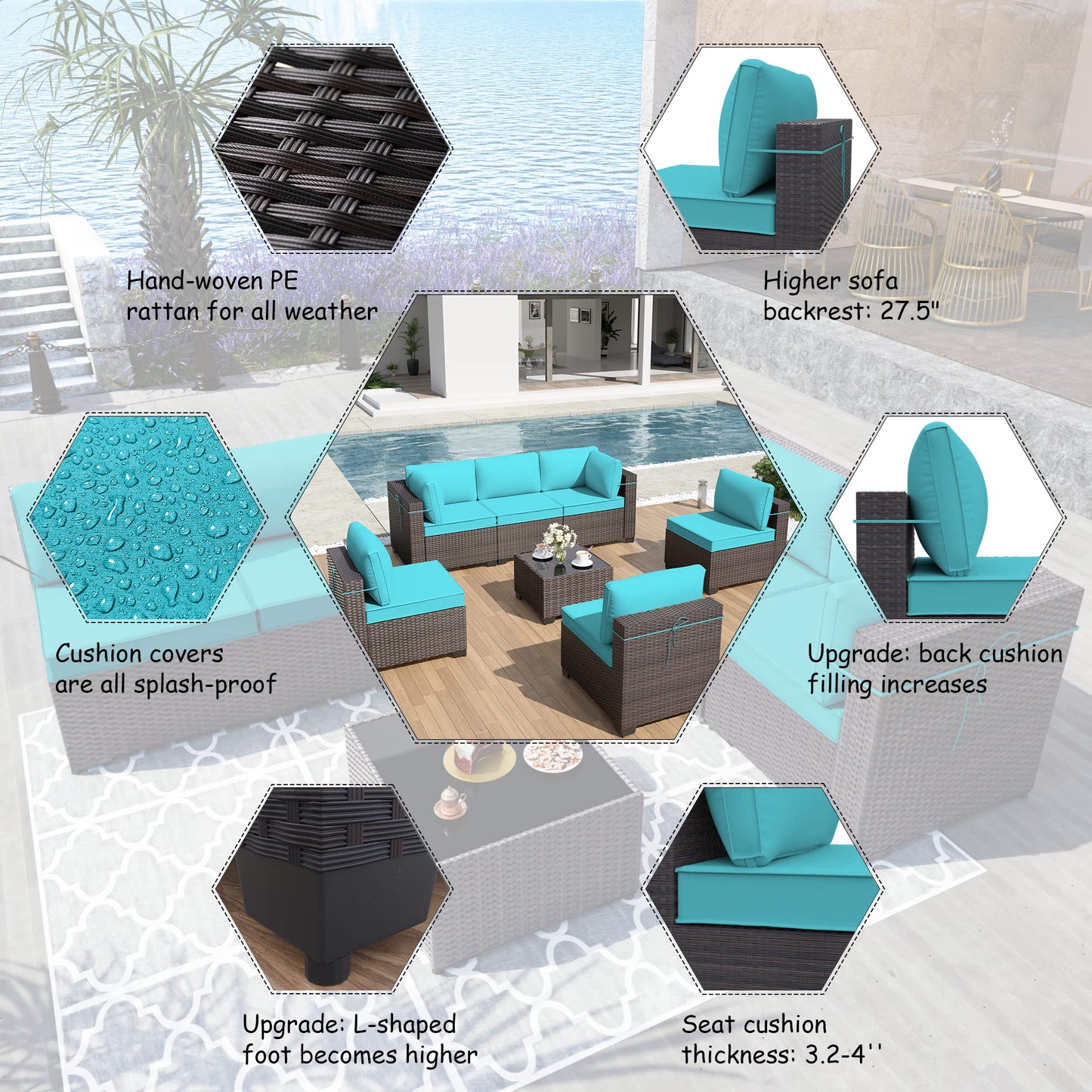 ALAULM 7 Piece Outdoor Patio Furniture Sets, Patio Furniture Outdoor Sectional Sofa - Blue