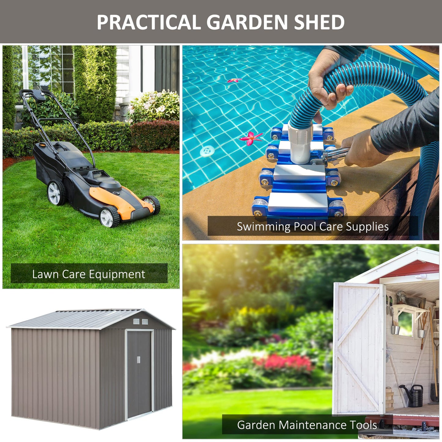 Outsunny 9' x 6' Metal Storage Shed, Garden Tool House with Floor Foundation, Double Sliding Doors, 4 Air Vents for Backyard, Patio, Lawn, Grey Gray 9' x 6'