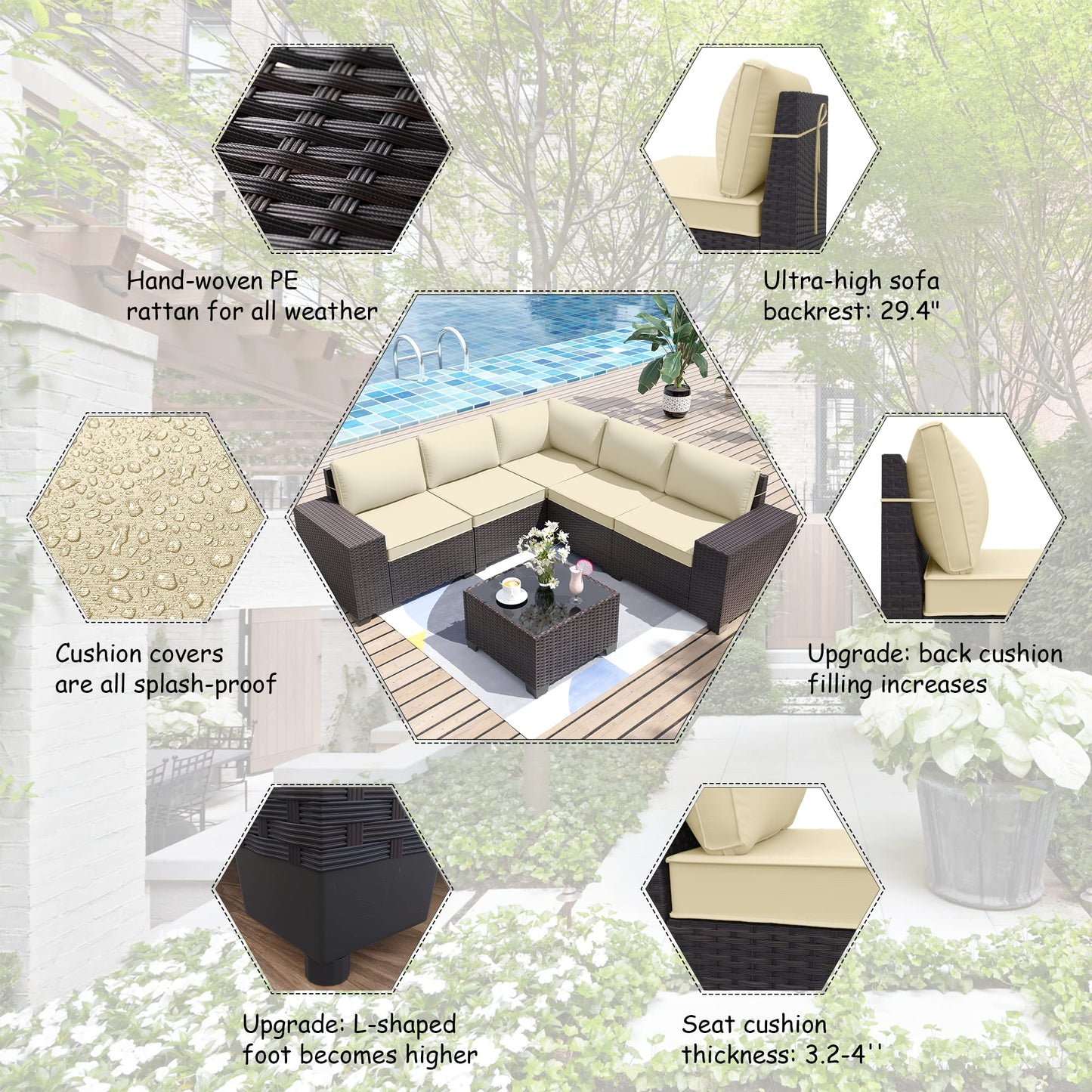 ALAULM Patio Furniture Sets 6 Pieces Patio Sectional Outdoor Furniture Patio Sofa Chairs Set - Cream