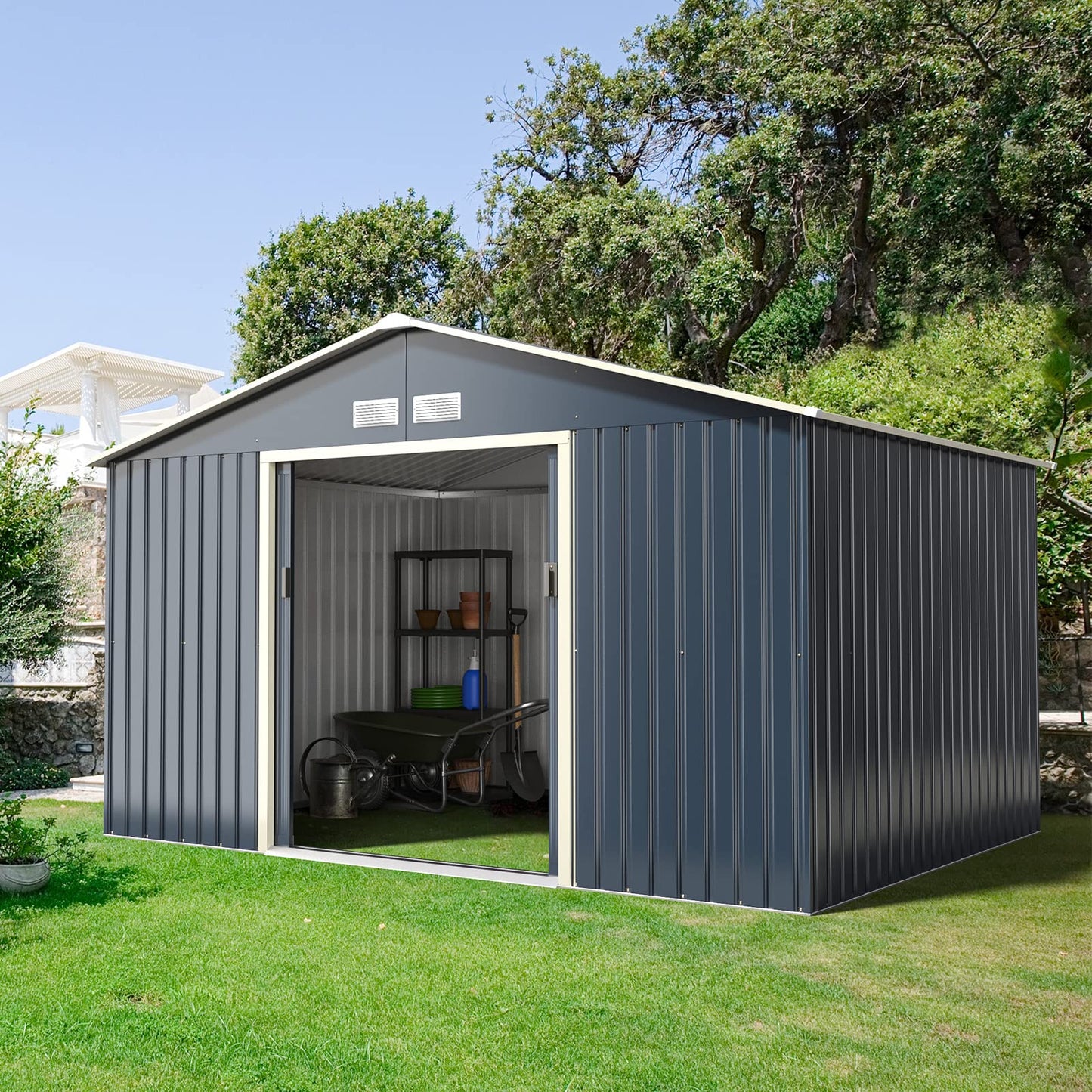 Goplus Abri de rangement extérieur 11' X 8' Abri de jardin en métal avec 4 aérations et double porte coulissante, abri de rangement utilitaire pour jardin, patio, pelouse 11' X 8'