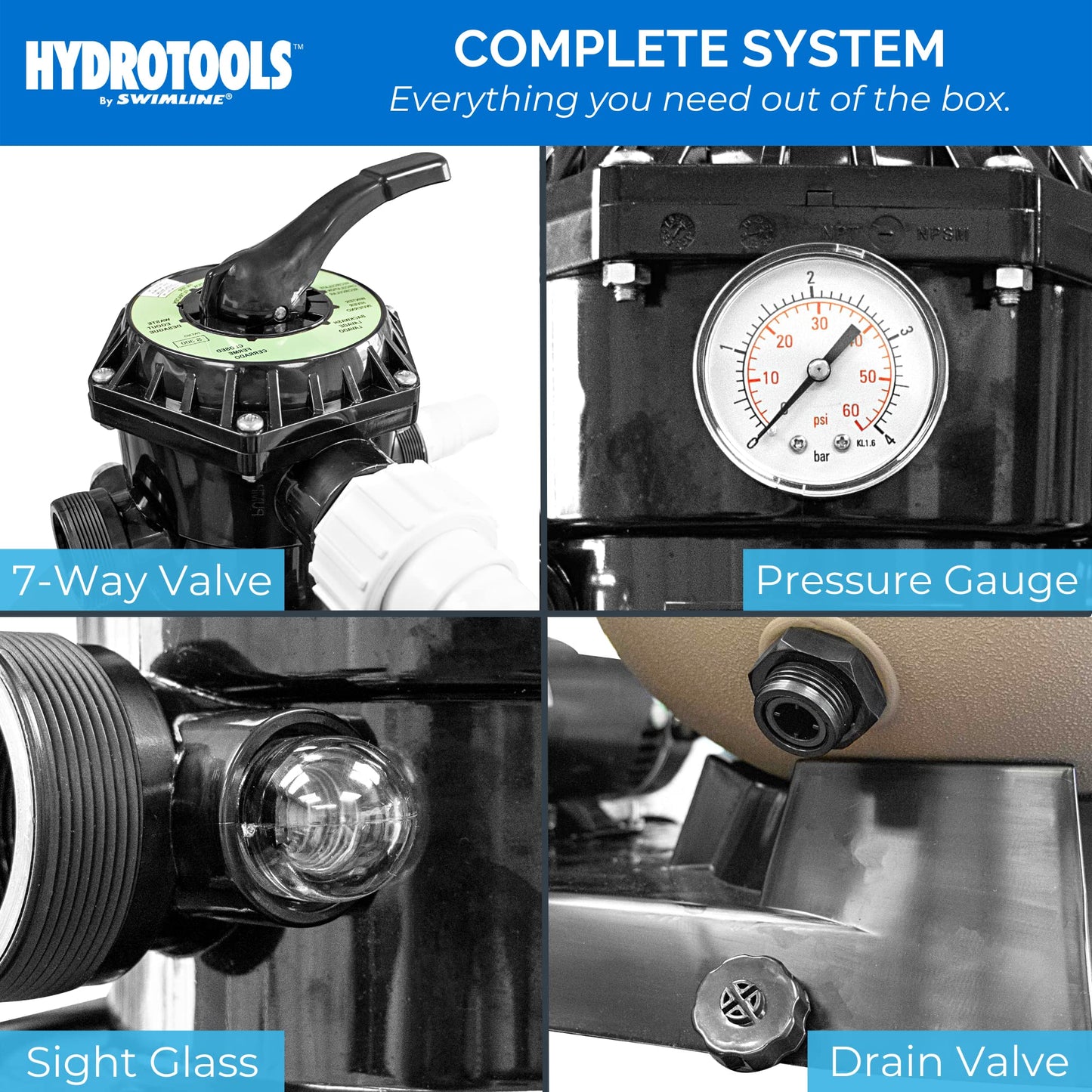 HYDROTOOLS By SWIMLINE Pool Sand Filter Pump For Above Ground & Inground Pool | 16 Inch Cleaner System 3/4 HP (0.55 THP) Horsepower 3720 GPH |For Pools Up To 15600 Gallons Compatible 7 Way Valve 71610 16'' A/G Sand Filter Up To 15600 Gal