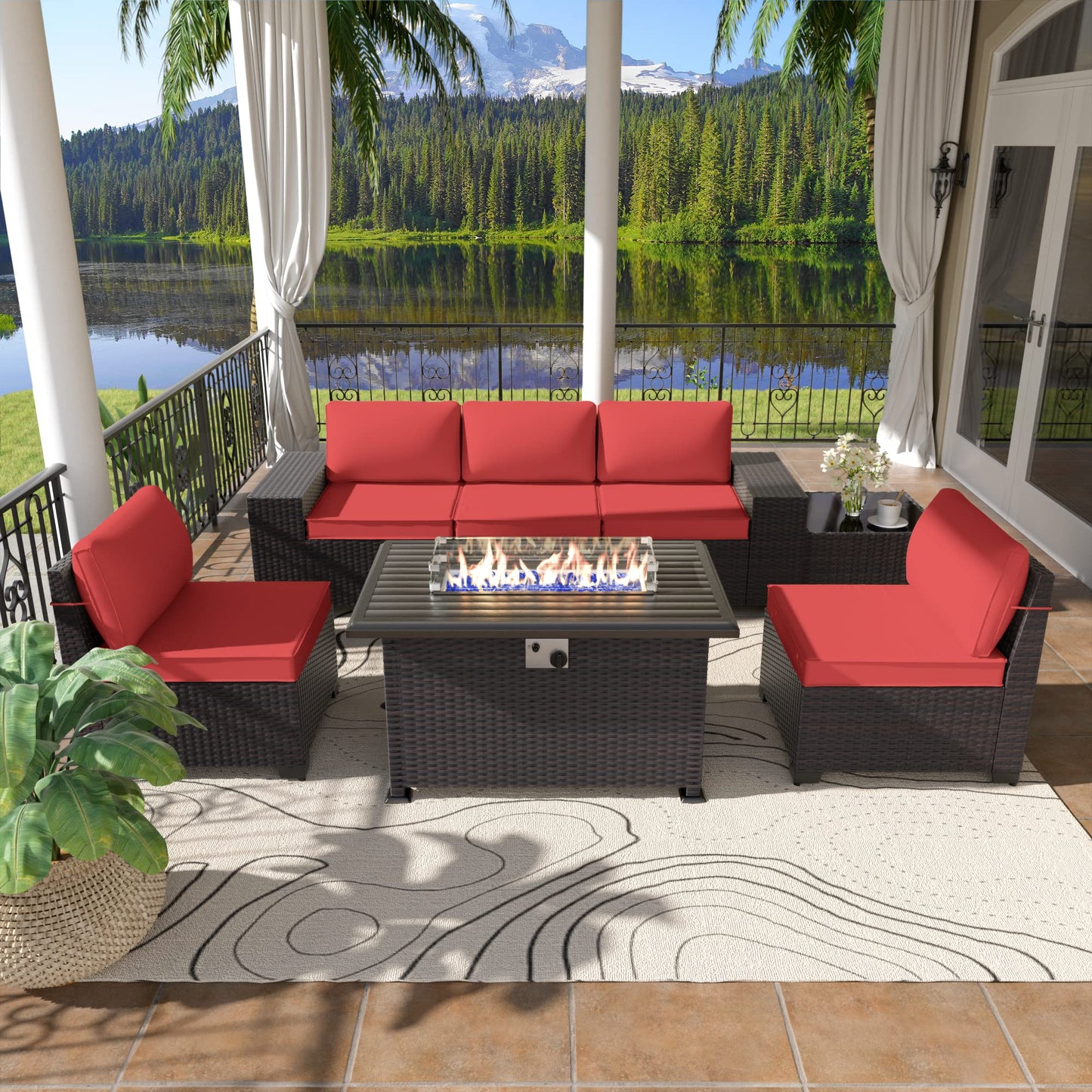 ALAULM 7 Pieces Outdoor Patio Furniture Set with Propane Fire Pit Table Patio Sectional Sofa Sets - Red