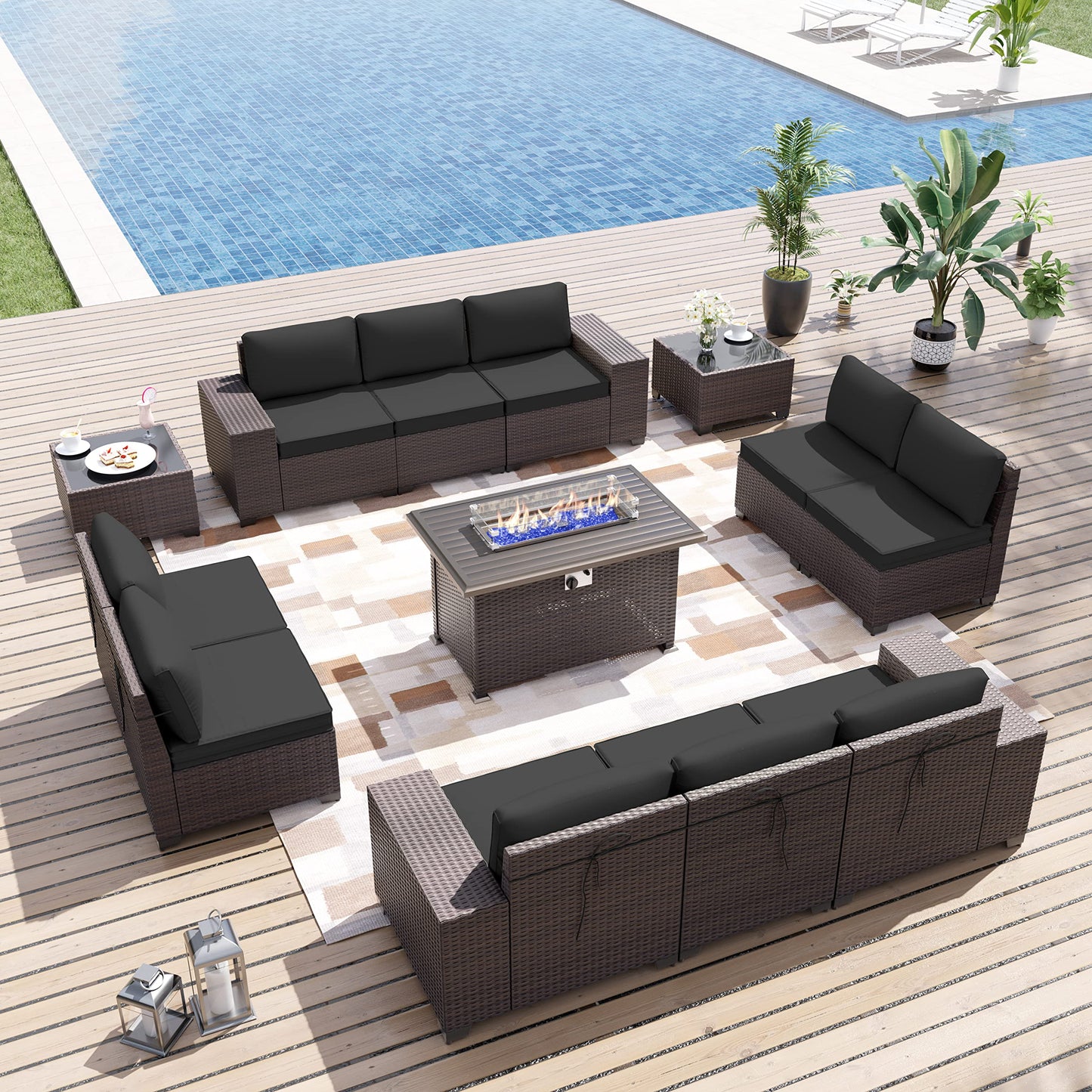 ALAULM 13 Pieces Outdoor Patio Furniture Set with Propane Fire Pit Table Outdoor Sectional Sofa Sets