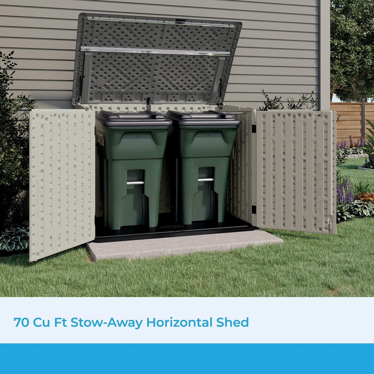 Suncast Abri de rangement horizontal escamotable de 5,9 pi x 3,7 pi – Rangement extérieur en bois naturel pour poubelles et outils de jardin – Résine toutes saisons, couvercle à charnière, sol renforcé – Vanille et Stoney