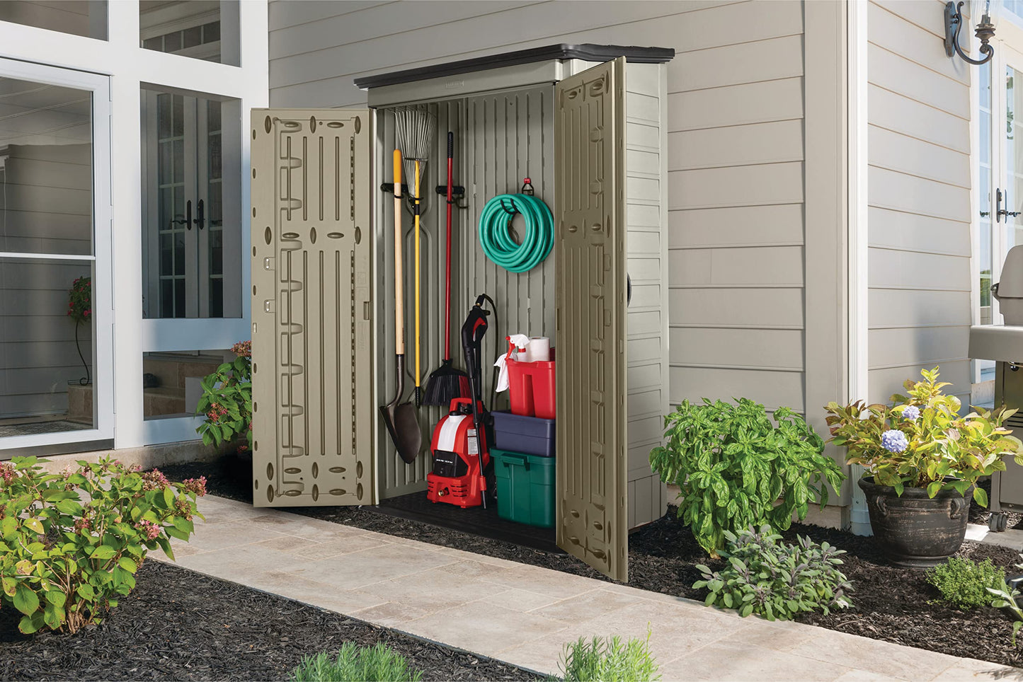 Rubbermaid Outdoor Small Vertical Resin Storage Shed, 5x2 Feet, Brown, Weather Resistant Utility Shed with Lock for Storage for Lawn Accessories/Power Tools/Outdoor Toys/Hose 5'x2'