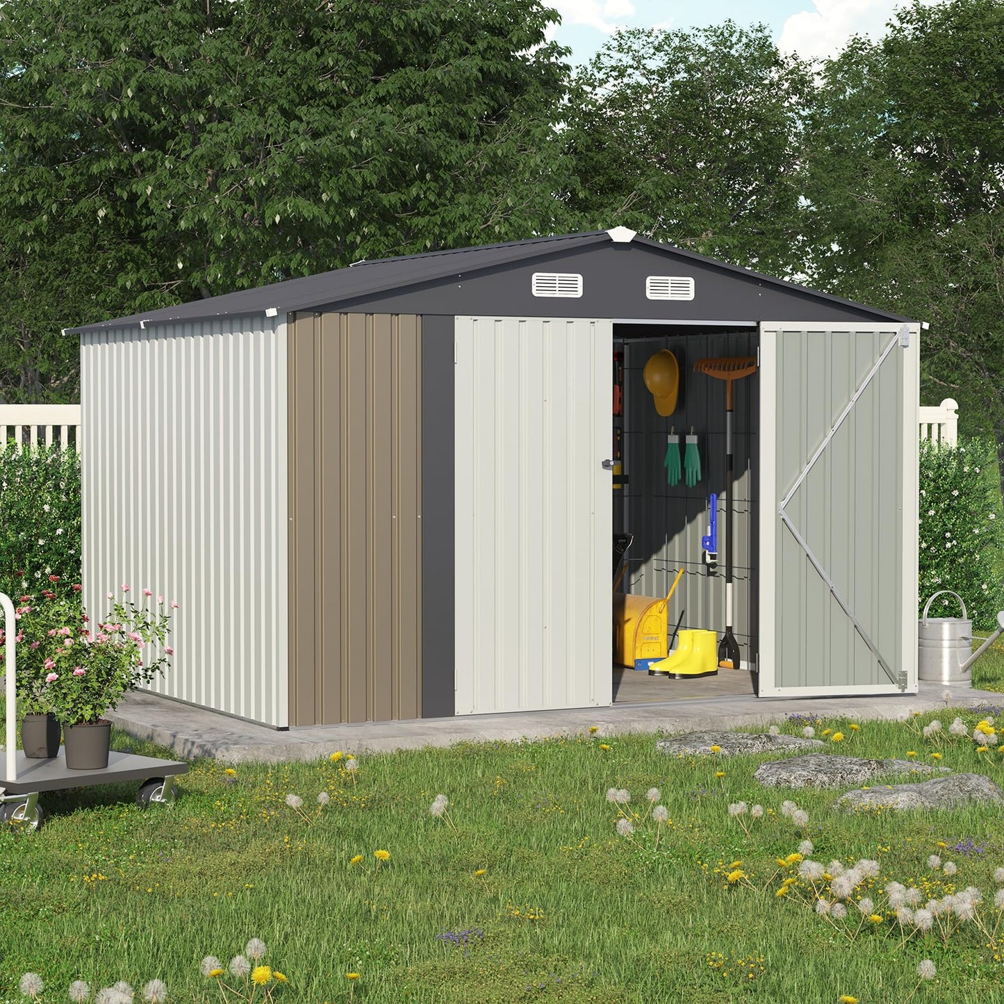 OC Orange-Casual 10 x 8 FT Outdoor Storage Shed, Metal Garden Tool Shed, Outside Sheds & Outdoor Storage Galvanized Steel w/Lockable Door for Backyard, Patio, Lawn, White & Brown 10' x 8'