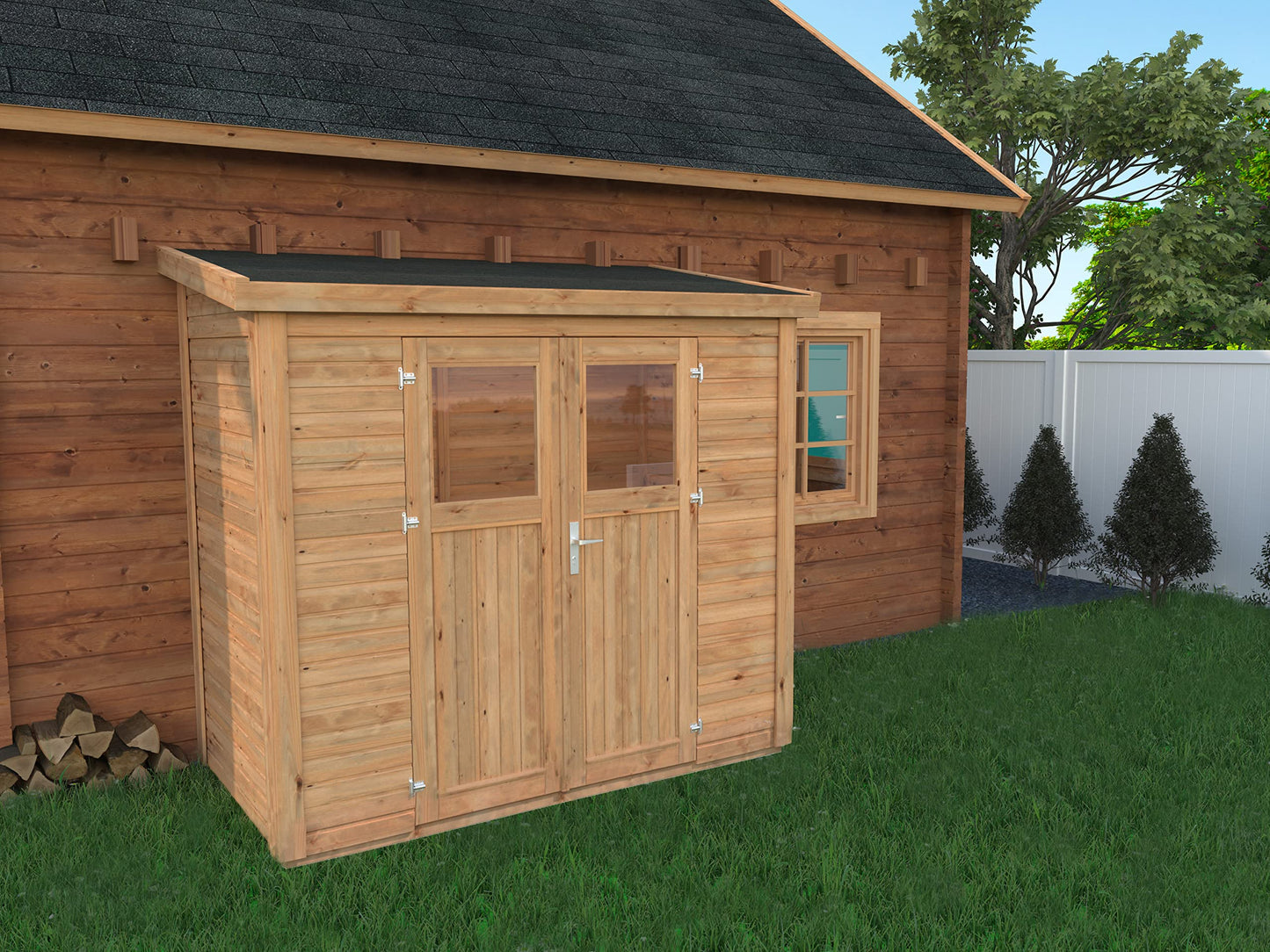 Leisure Season Urbano Kit d'abri de jardin moderne résistant aux intempéries avec sol, portes, fenêtres en plexiglas, toit en pente – Kit d'abri de jardin en bois d'épicéa nordique – Marron moyen, 2,4 x 1,2 m (URB8X47853)