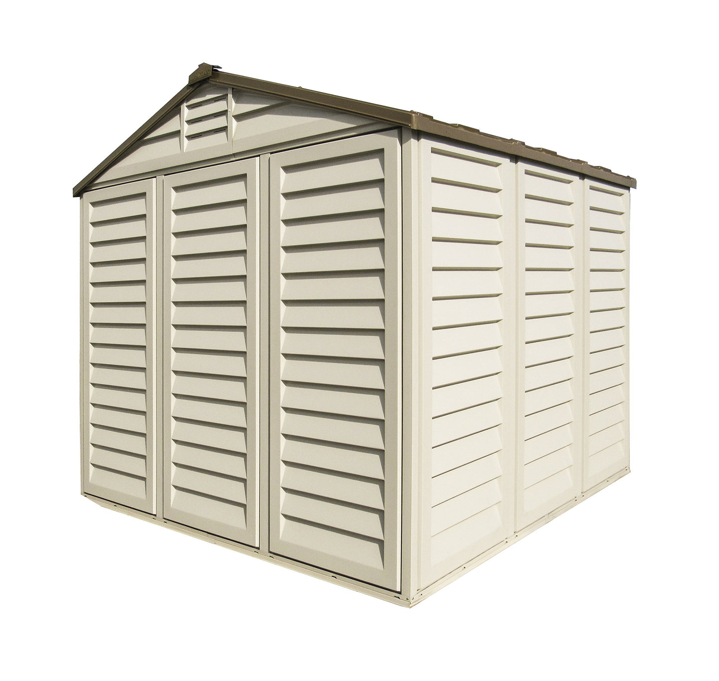 Duramax 0638801402145 Woodbridge Plus Abri de jardin en plastique 10,5 x 8 avec kit de fondation et fenêtre fixe - ivoire et marron - Garantie 15 ans, 10 x 8, marron et ivoire