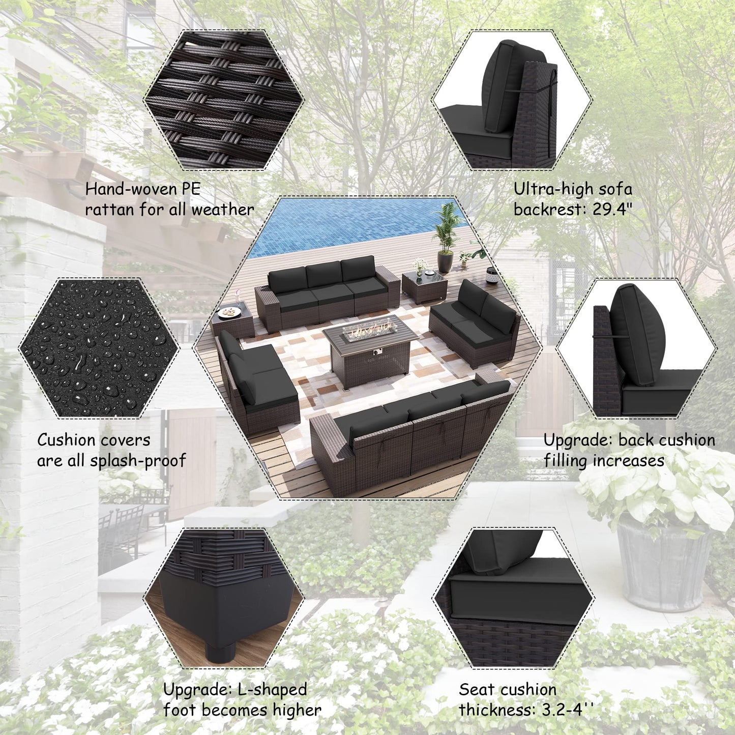 ALAULM 13 Pieces Outdoor Patio Furniture Set with Propane Fire Pit Table Outdoor Sectional Sofa Sets