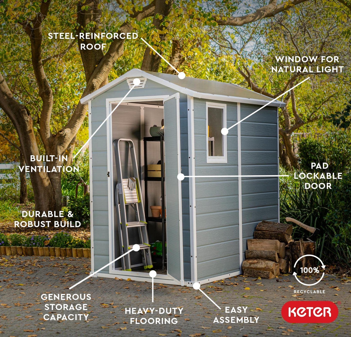 Keter Manor Kit d'abri de rangement extérieur en résine 4 x 6 - Parfait pour ranger les meubles de terrasse, les outils de jardin, les accessoires de vélo, les chaises de plage et la tondeuse à gazon, gris et blanc