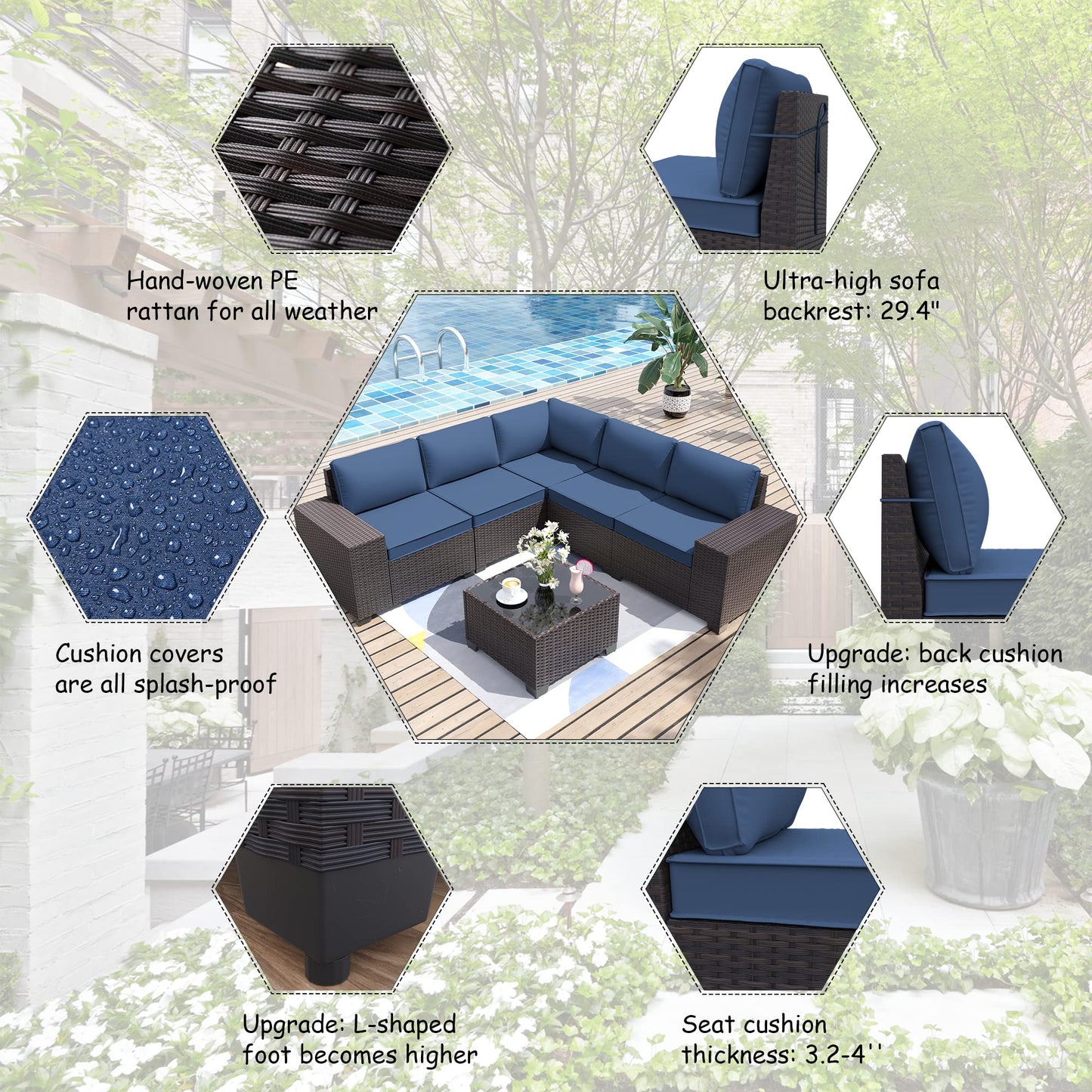 ALAULM Patio Furniture Sets 6 Pieces Patio Sectional Outdoor Furniture Patio Sofa Chairs Set - Dark Blue