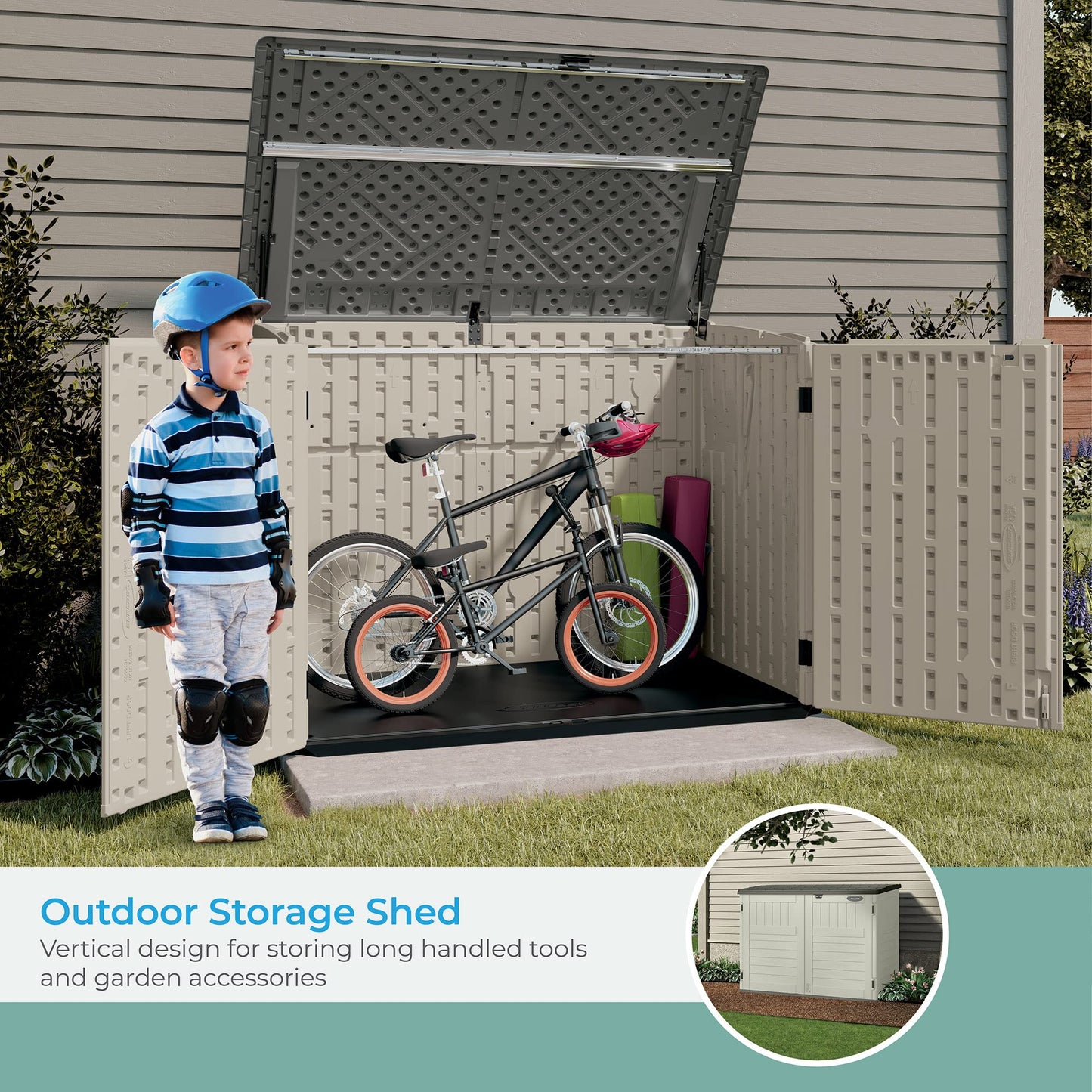 Suncast Abri de rangement horizontal escamotable de 5,9 pi x 3,7 pi – Rangement extérieur en bois naturel pour poubelles et outils de jardin – Résine toutes saisons, couvercle à charnière, sol renforcé – Vanille et Stoney