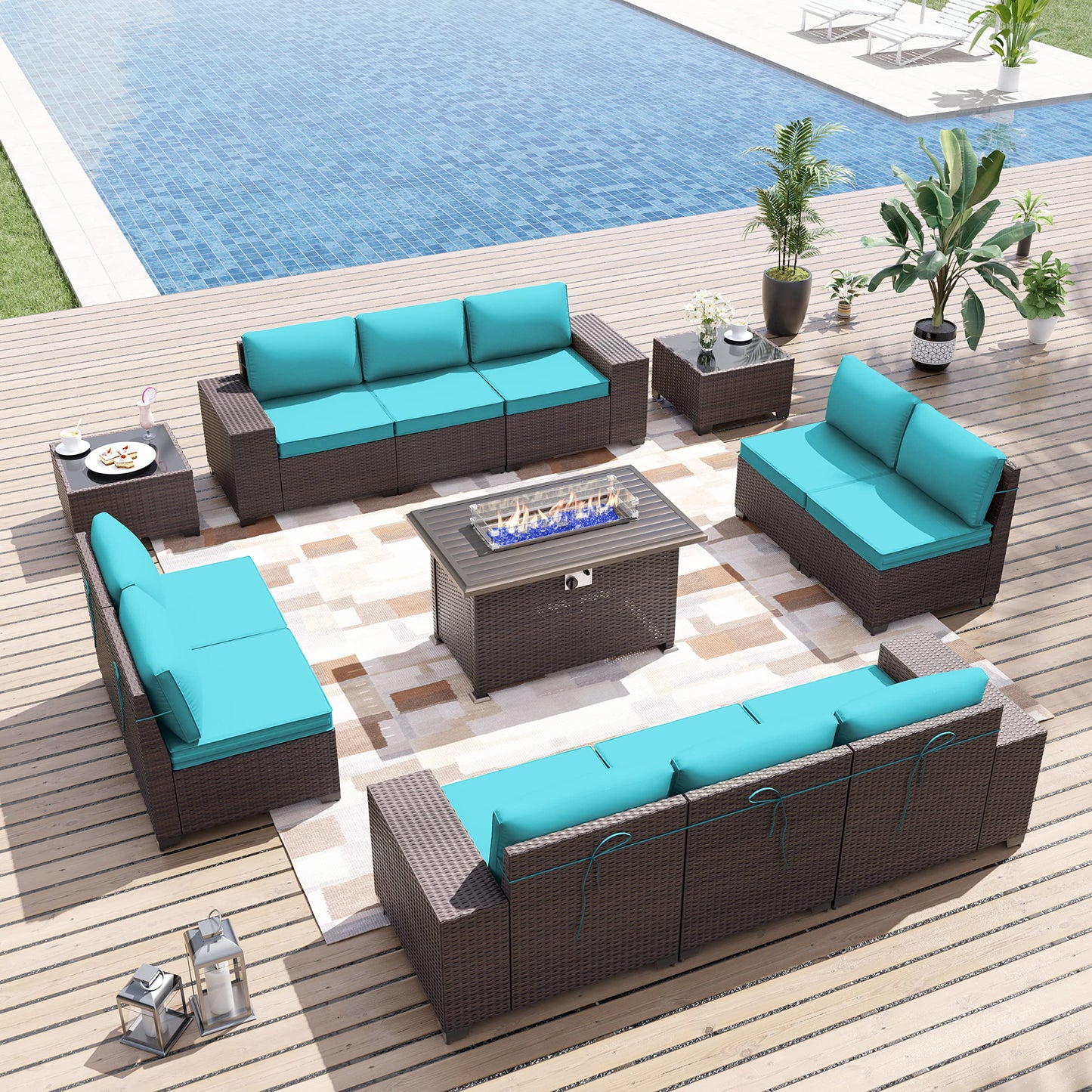 ALAULM 13 Pieces Outdoor Patio Furniture Set with Propane Fire Pit Table Outdoor Sectional Sofa Sets