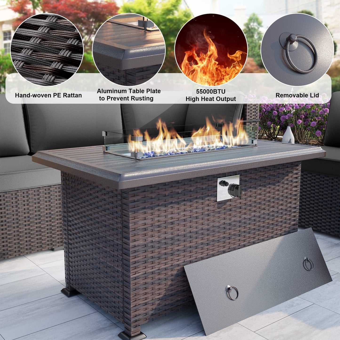 ALAULM 7 Pieces Patio Furniture Sectional Sofa with Fire Pit Table, Outdoor Patio Furniture Sets 43" Propane - Grey