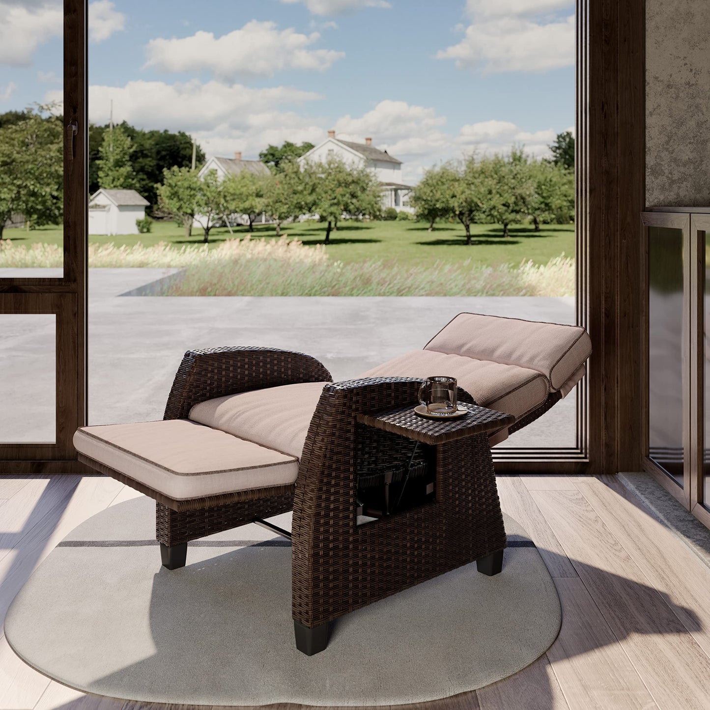 Grand patio Indoor & Outdoor Moor Recliner PE Wicker with Flip Table Push Back Reclining Lounge Chair, Flax Beige 1 PCS