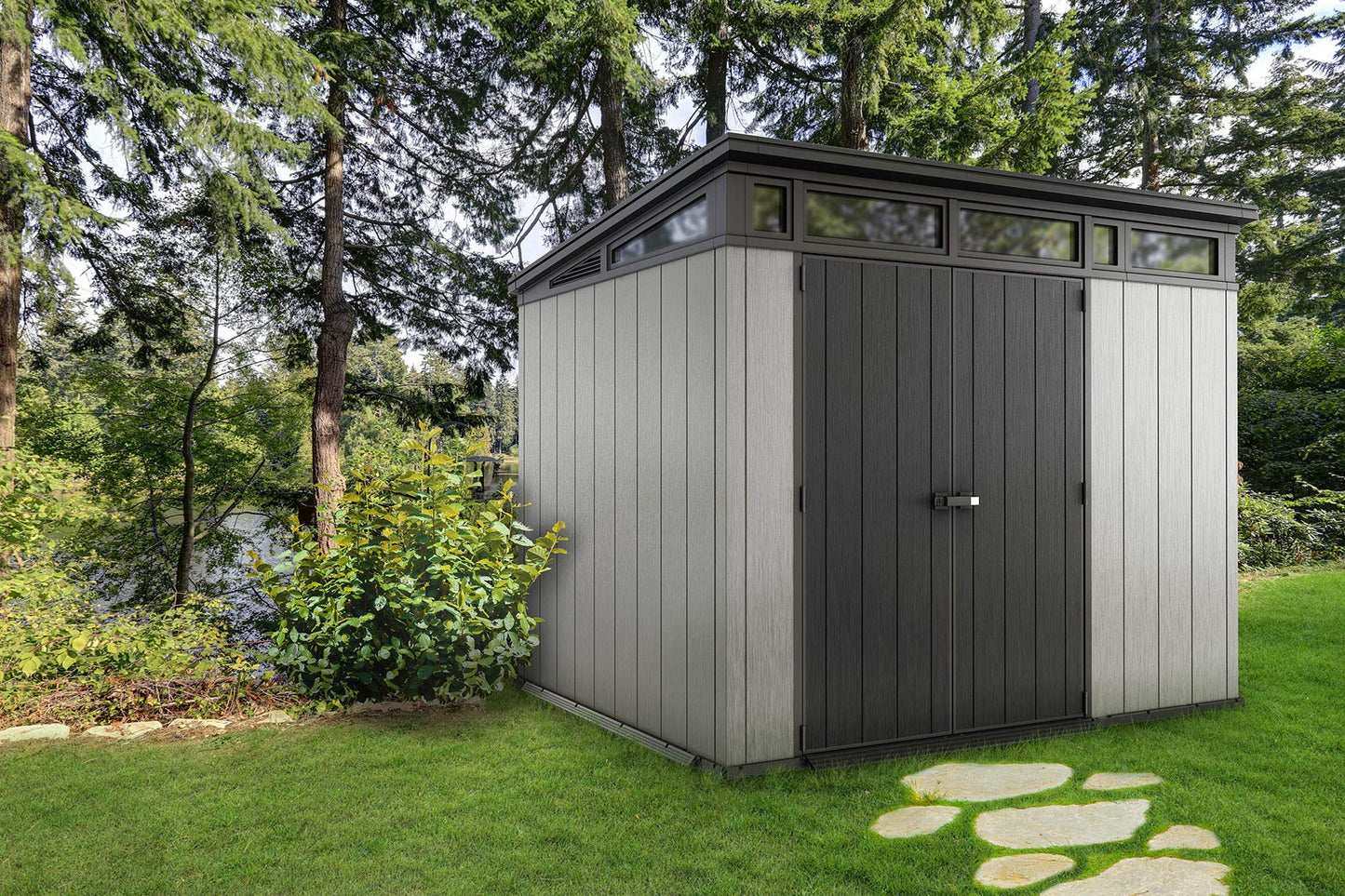 Keter Artisan Grand abri extérieur de 9 x 7 pieds avec sol au design moderne pour meubles de patio, tondeuse à gazon, outils et rangement pour vélos, pieds, gris/noir