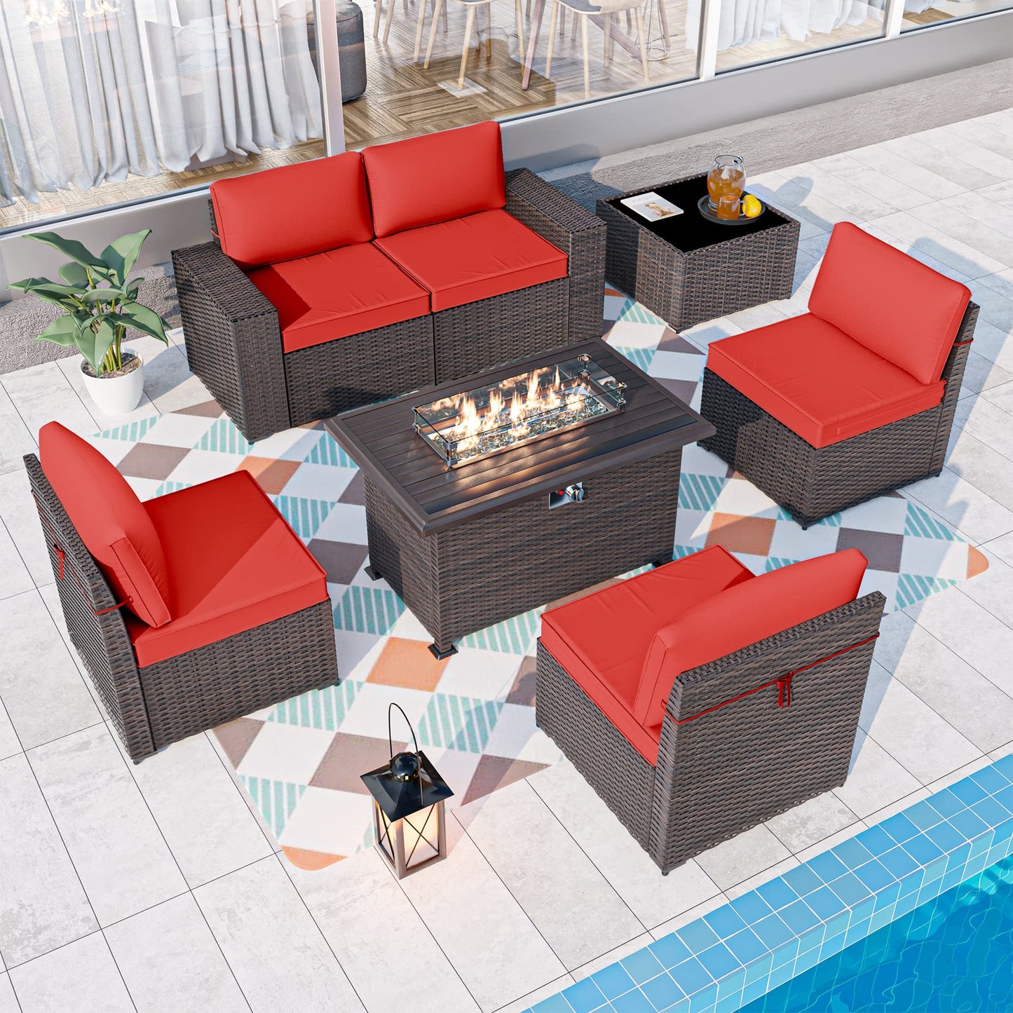 ALAULM 7 Pieces Outdoor Patio Furniture Set with Propane Fire Pit Table Patio Sectional Sofa Sets - Red
