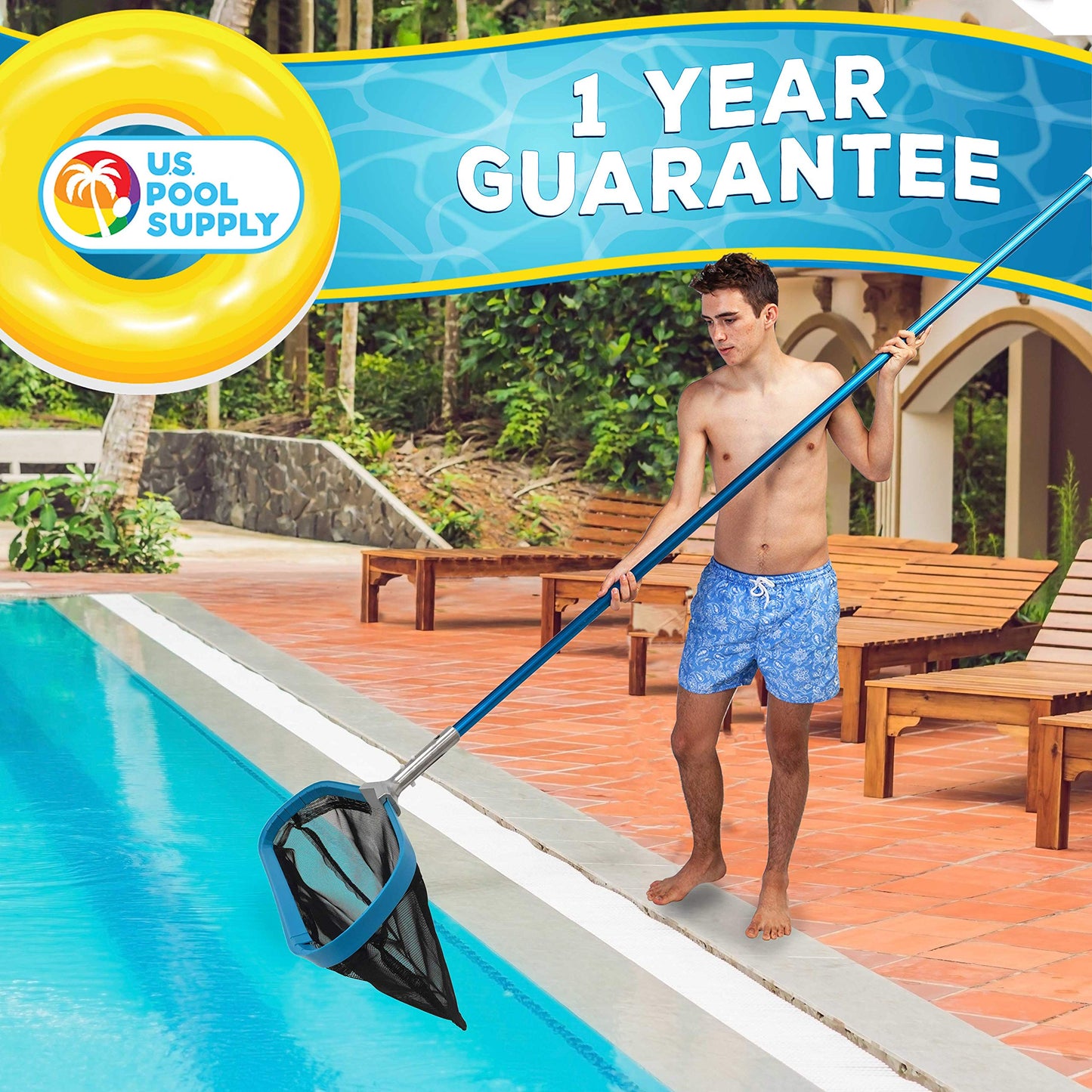 U.S. Pool Supply Professional Heavy Duty 19" Swimming Pool Leaf Skimmer Rake with Strong Reinforced Aluminum Frame Handle, Deep Net Bag - Commercial Grade - Fast Cleaning, Easy Debris Pickup & Removal