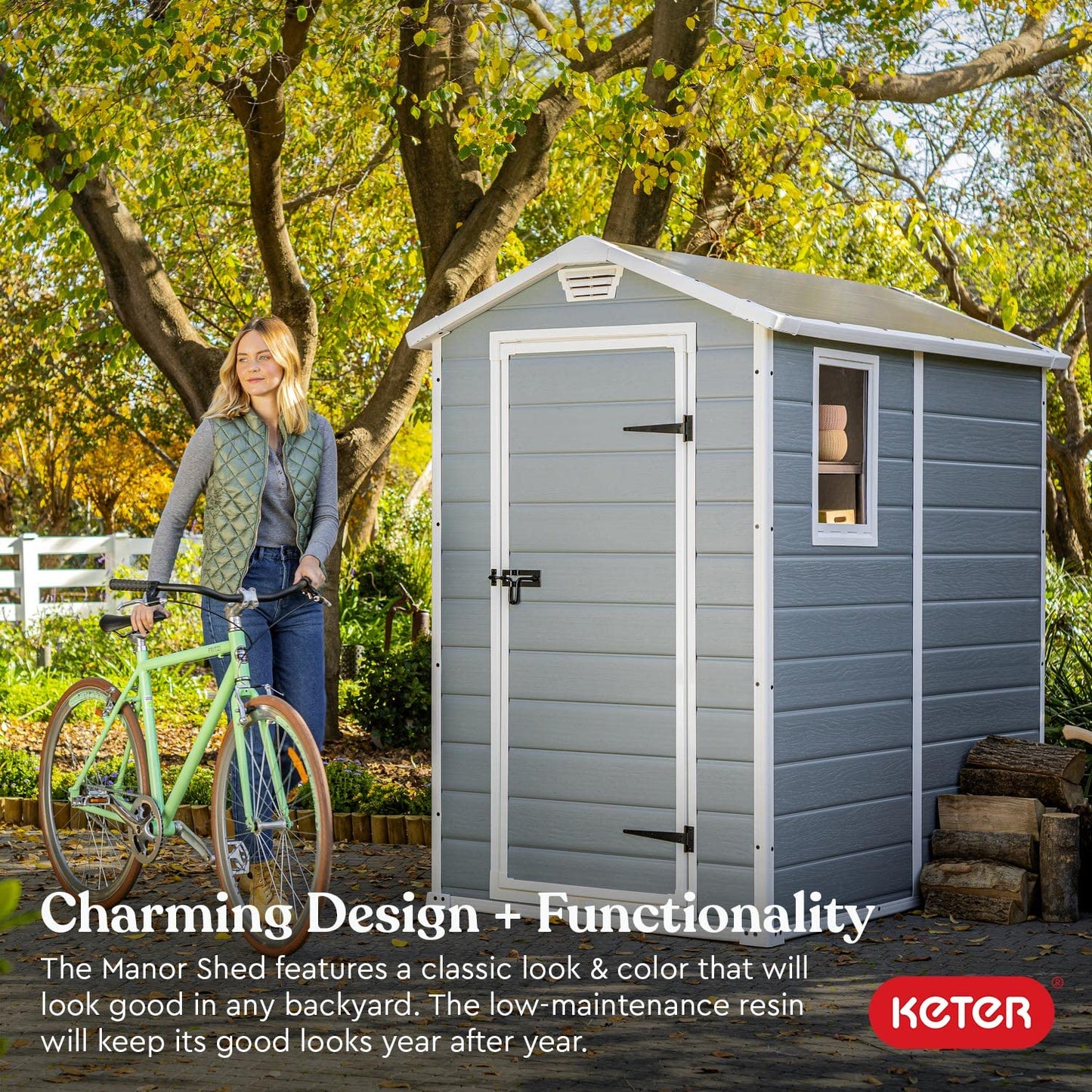 Keter Manor Kit d'abri de rangement extérieur en résine 4 x 6 - Parfait pour ranger les meubles de terrasse, les outils de jardin, les accessoires de vélo, les chaises de plage et la tondeuse à gazon, gris et blanc