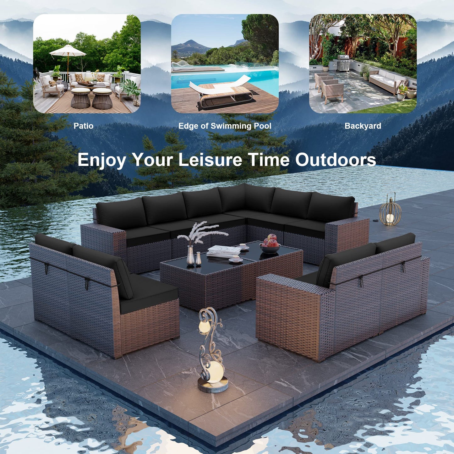 ALAULM 12 Pieces High-back Sofas Outdoor Patio Furniture Set, Sectional Sofa Sets