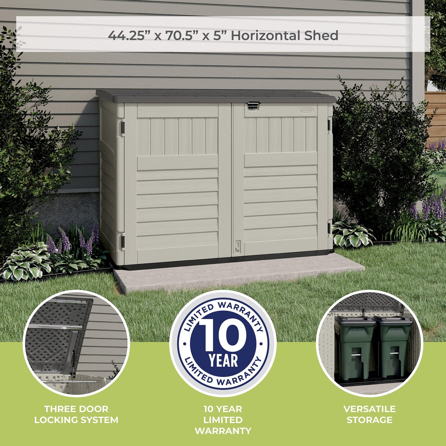 Suncast Abri de rangement horizontal escamotable de 5,9 pi x 3,7 pi – Rangement extérieur en bois naturel pour poubelles et outils de jardin – Résine toutes saisons, couvercle à charnière, sol renforcé – Vanille et Stoney