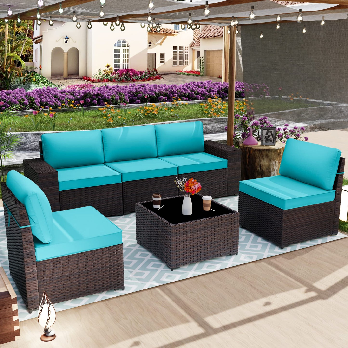 ALAULM 6 Pieces High-back Sectional Sofa Set Patio Furniture - Blue