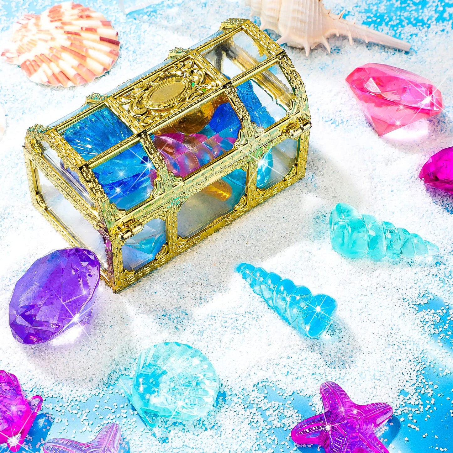24 Pieces Diving Gem Pool Toys Colorful Summer Swimming Gem Diving Toys with 2 Treasure Pirate Boxes Summer Underwater Swimming Toy Set for Parties Birthday, Wedding Decoration Gems (Ocean Style) Ocean Style