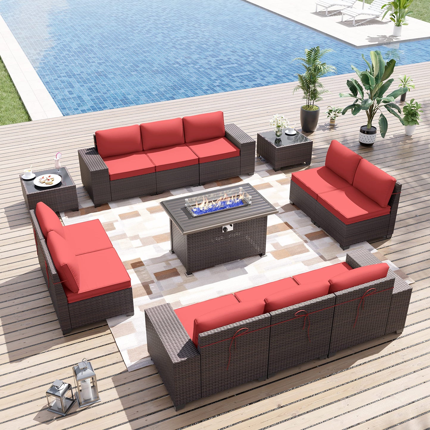 ALAULM 13 Pieces Outdoor Patio Furniture Set with Propane Fire Pit Table Outdoor Sectional Sofa Sets