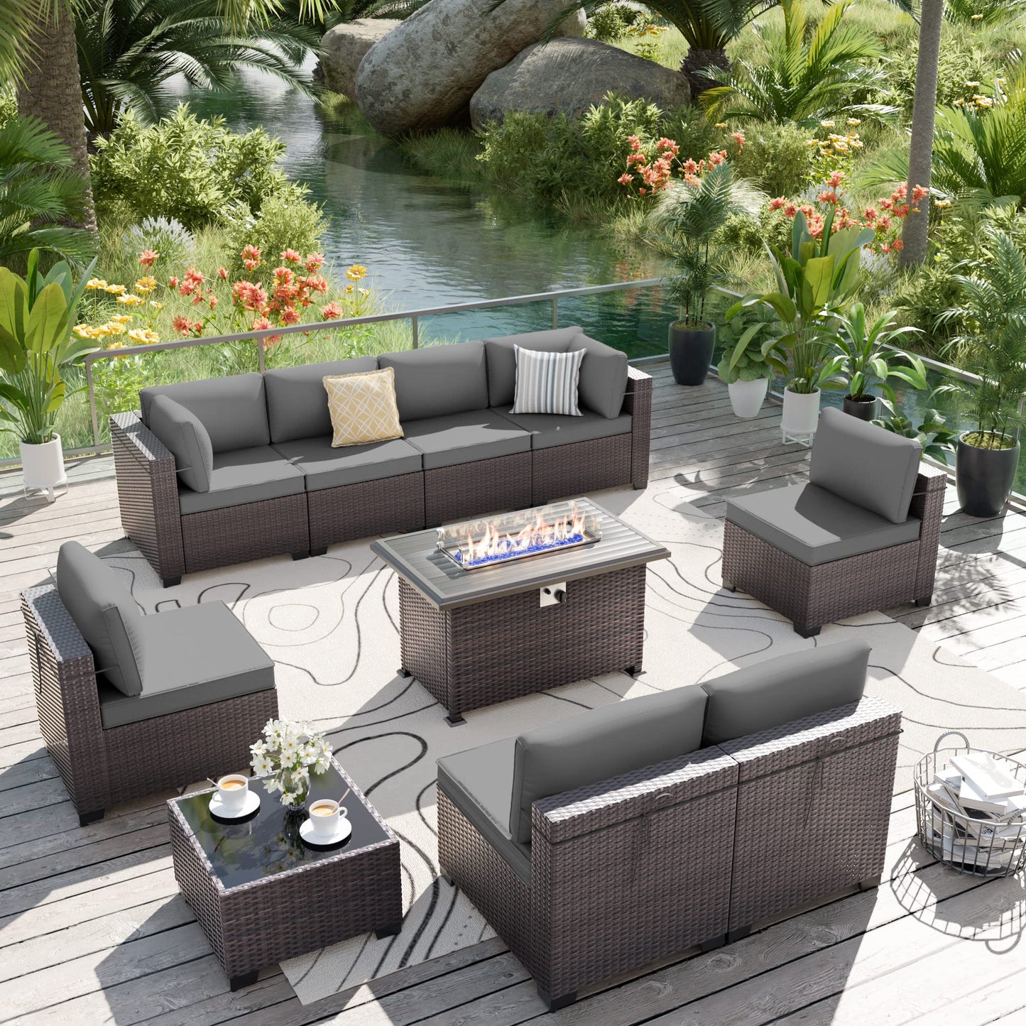 ALAULM 10 Pieces Patio Furniture Set with Propane Fire Pit Table Outdoor Sectional Sofa Sets Patio Furniture