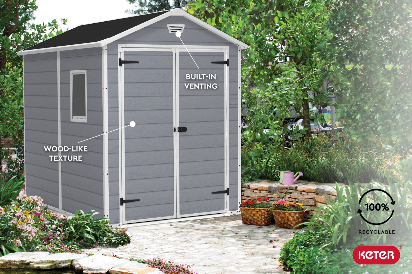 Keter Manor Kit d'abri de rangement extérieur en résine 6 x 8 - Parfait pour ranger les meubles de terrasse, les outils de jardin, les accessoires de vélo, les chaises de plage et la tondeuse à gazon, gris et blanc