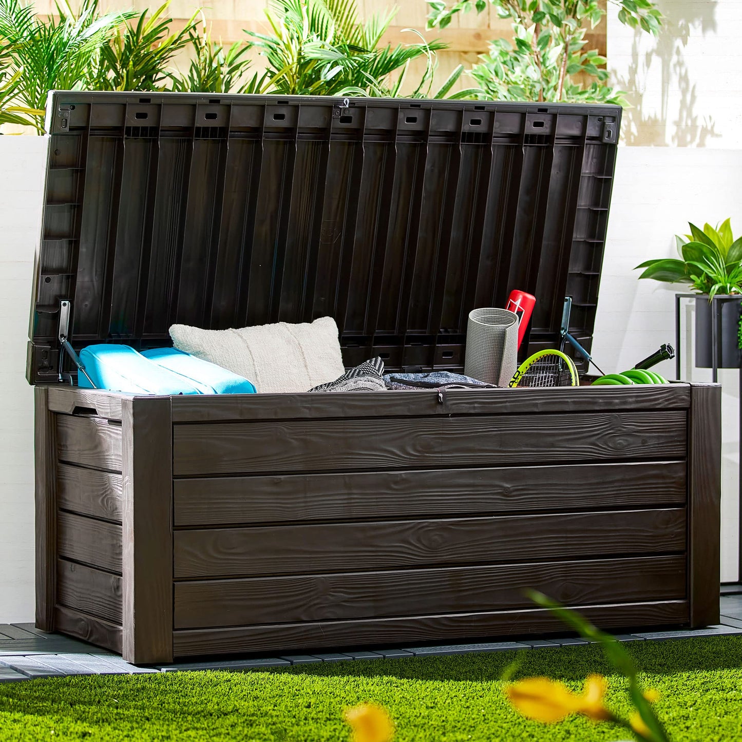 Keter Westwood Outdoor Resin 150 Gallon Deck Storage Box Organizer for Patio Furniture, Pool Toys and Yard Tools with Bench, Brown (2 Pack)
