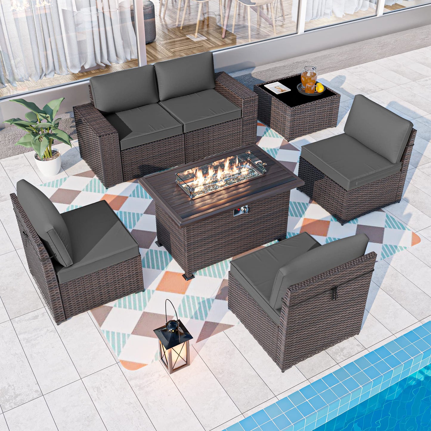 ALAULM 7 Pieces Patio Furniture Sectional Sofa with Fire Pit Table, Outdoor Patio Furniture Sets 43" Propane - Grey