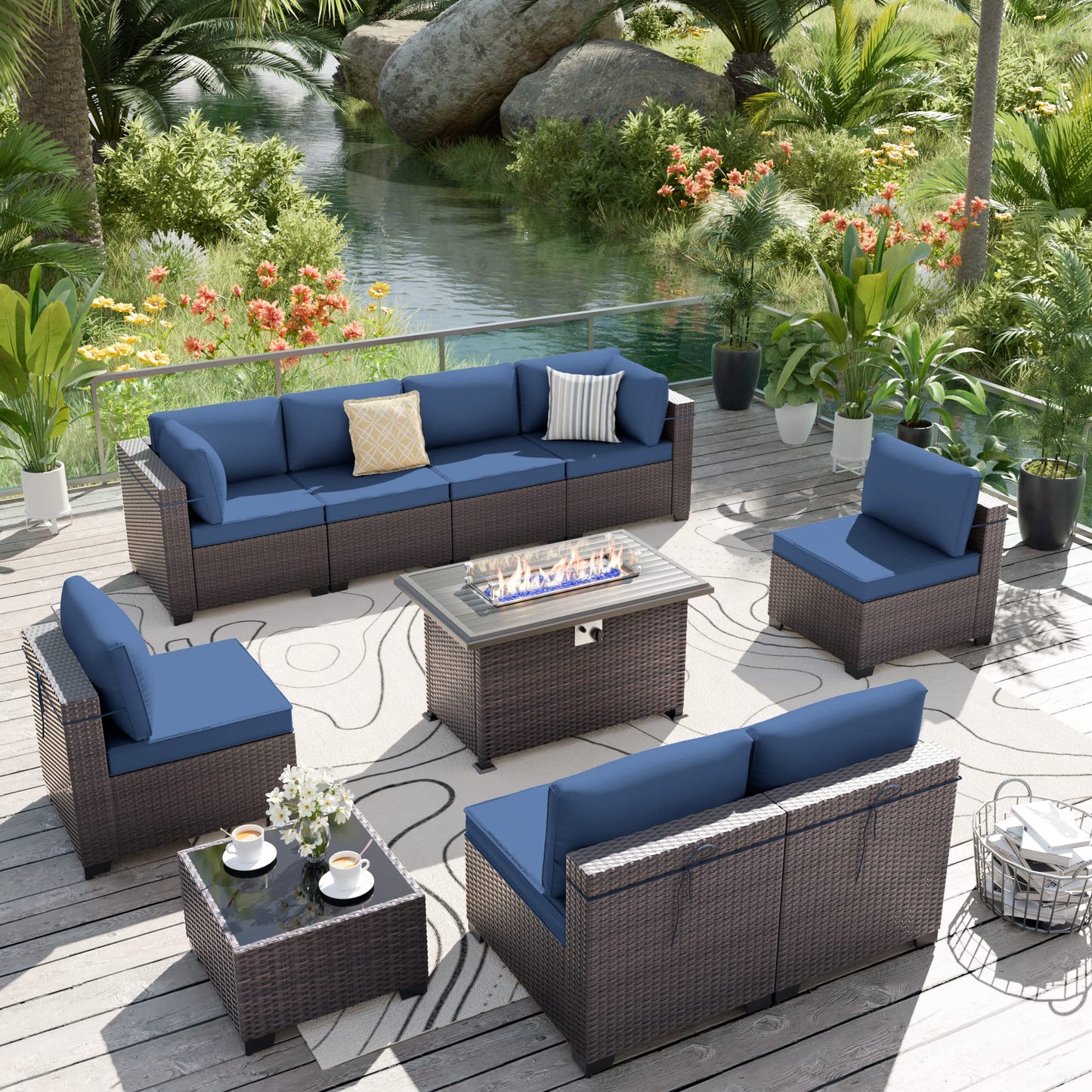 ALAULM 10 Pieces Patio Furniture Set with Propane Fire Pit Table Patio Sectional Outdoor Furniture