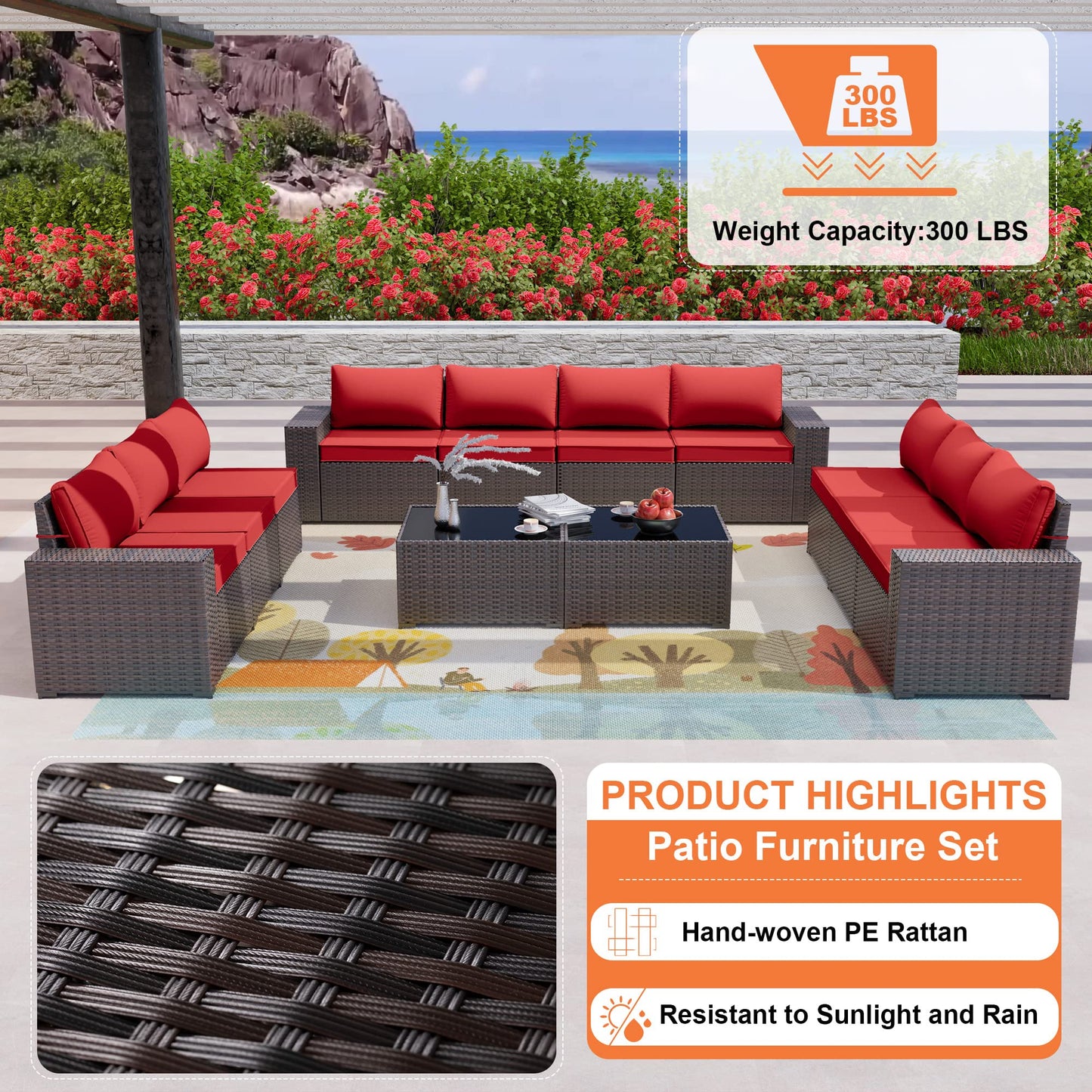 ALAULM 12 Pieces Outdoor Patio Furniture Set Sectional Sofa Sets - Red