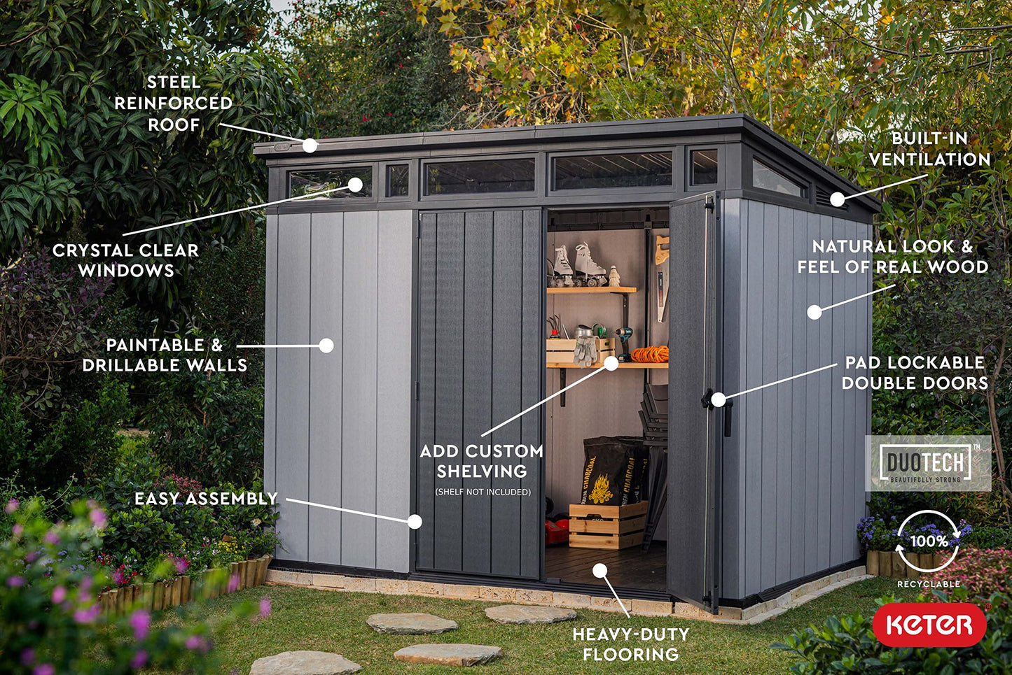 Keter Artisan Grand abri extérieur de 9 x 7 pieds avec sol au design moderne pour meubles de patio, tondeuse à gazon, outils et rangement pour vélos, pieds, gris/noir